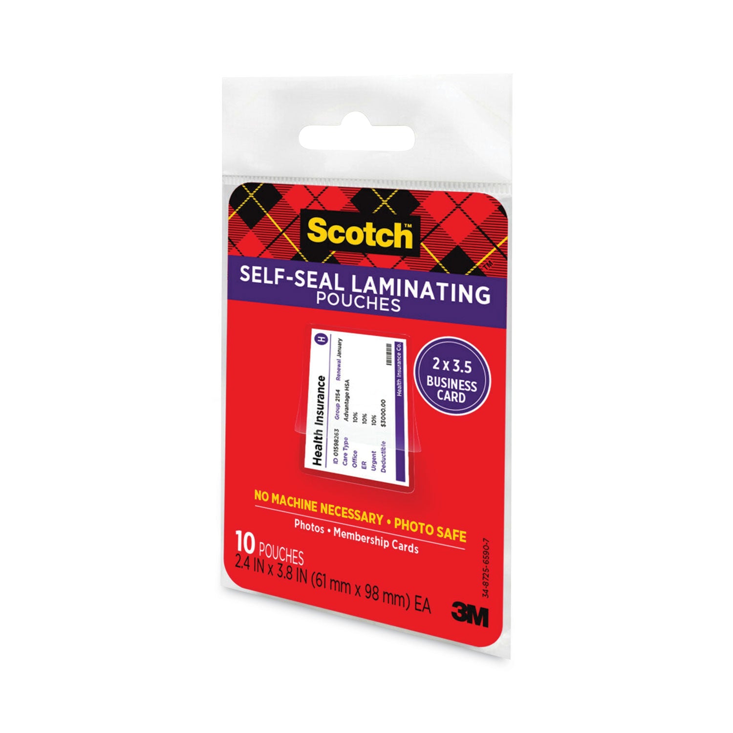 Scotch™ Self-Sealing Laminating Pouches, 9.5 mil, 3.88" x 2.44", Gloss Clear, 25/Pack