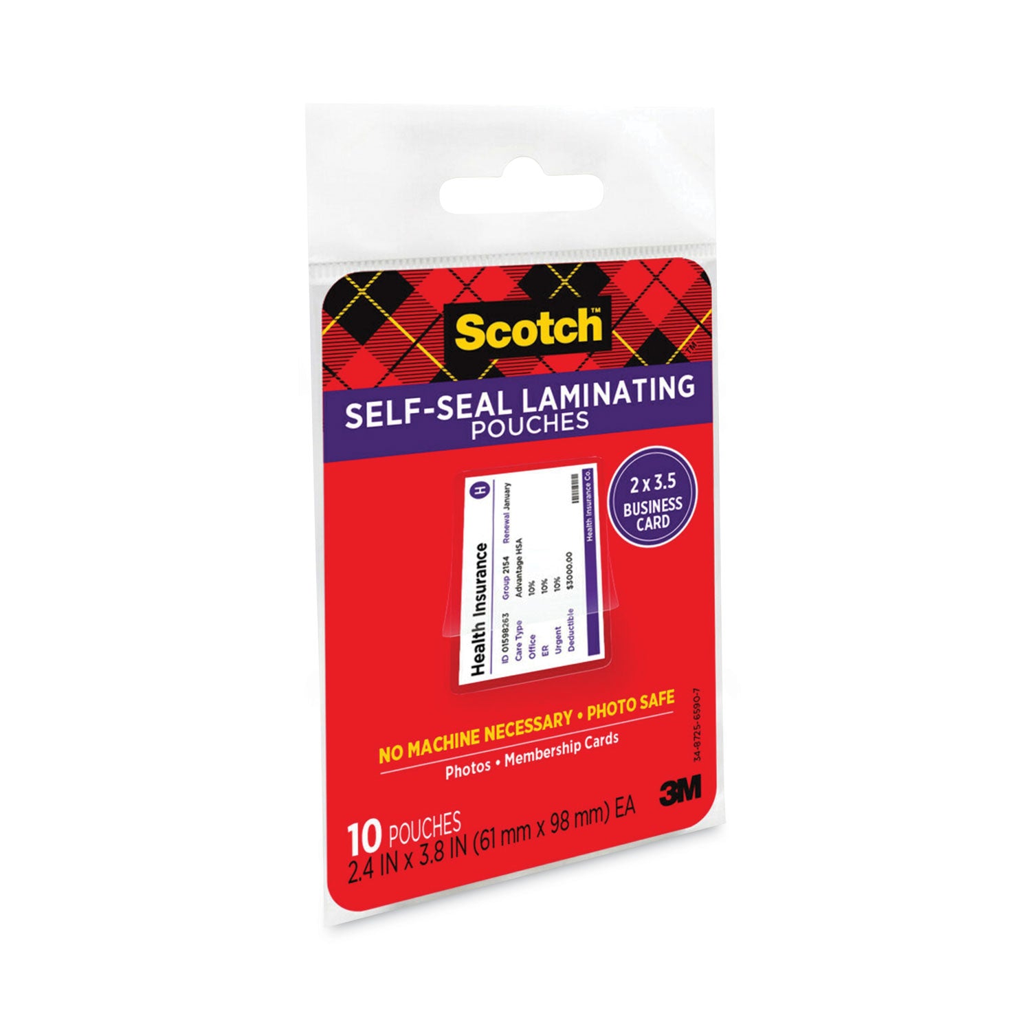 Scotch™ Self-Sealing Laminating Pouches, 9.5 mil, 3.88" x 2.44", Gloss Clear, 25/Pack