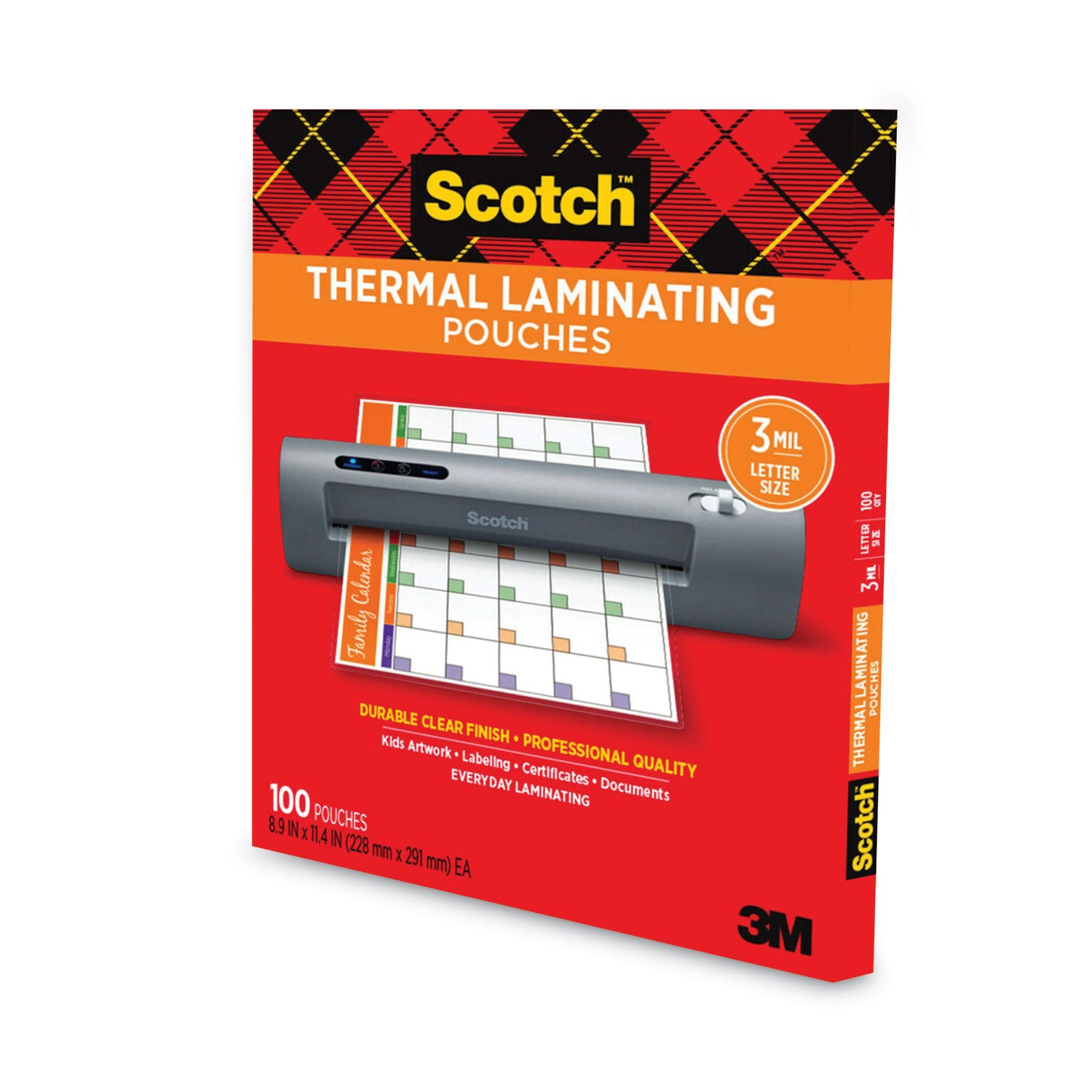 Scotch™ Laminating Pouches, 3 mil, 9" x 11.5", Gloss Clear, 100/Pack