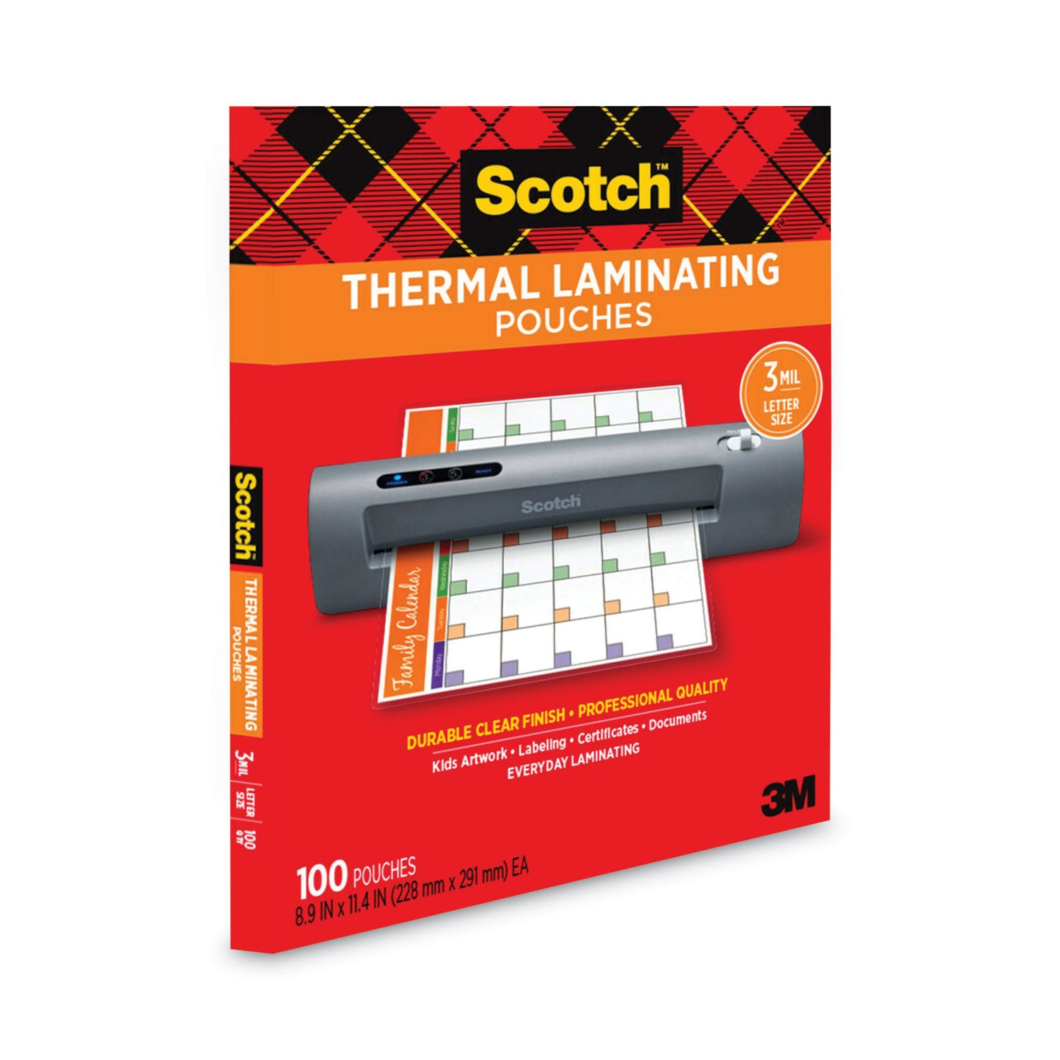 Scotch™ Laminating Pouches, 3 mil, 9" x 11.5", Gloss Clear, 100/Pack