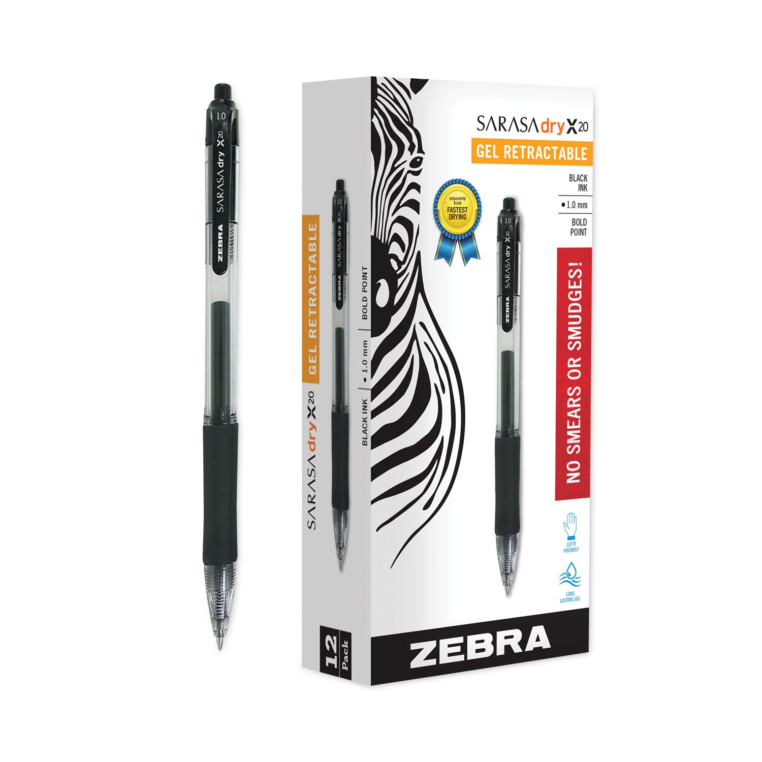 Zebra® Sarasa Dry Gel X20 Gel Pen, Retractable, Bold 1 mm, Black Ink, Clear/Black Barrel, 12/Pack