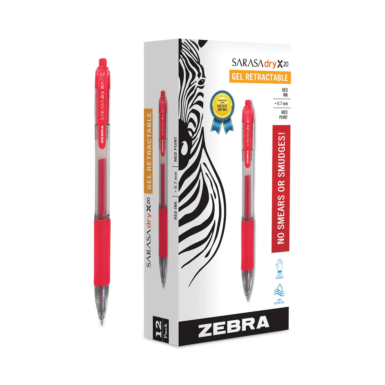 Zebra® Sarasa Dry Gel X20 Gel Pen, Retractable, Medium 0.7 mm, Red Ink, Clear/Red Barrel, 12/Pack