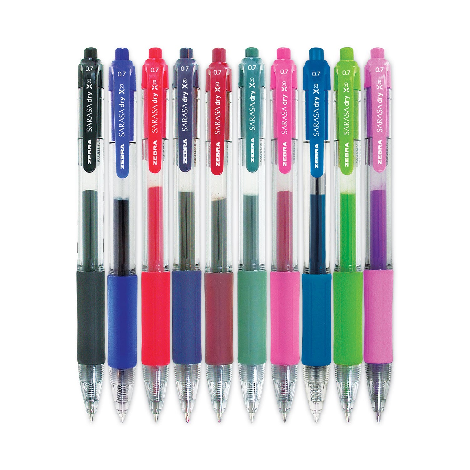 Zebra® Sarasa Dry Gel X20 Gel Pen, Retractable, Medium 0.7 mm, Assorted Ink and Barrel Colors, 10/Pack