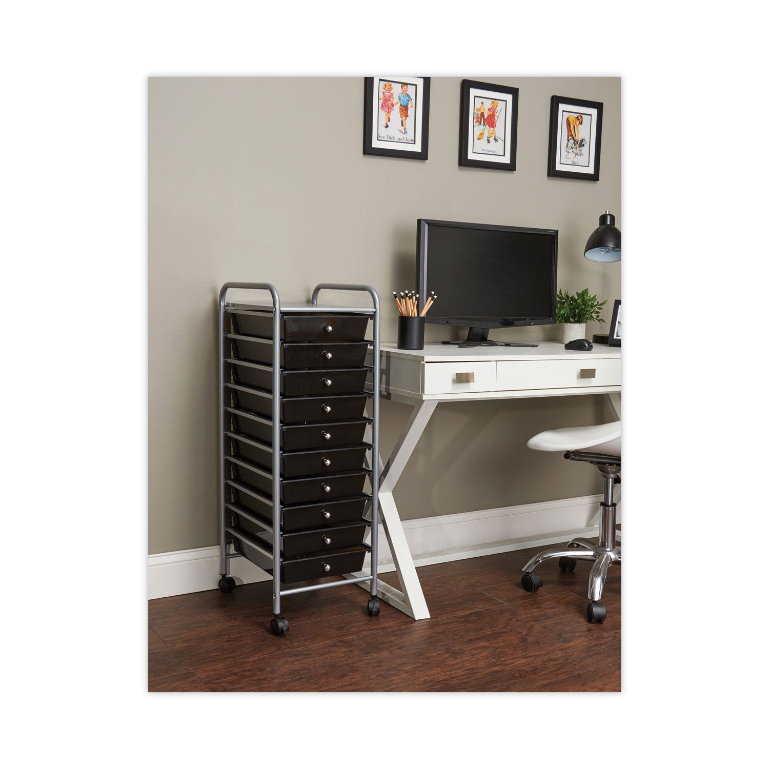 Advantus Portable Drawer Organizer, Metal, 1 Shelf, 10 Drawers, 13" x 15.38" x 37.75", Matte Gray/Smoke