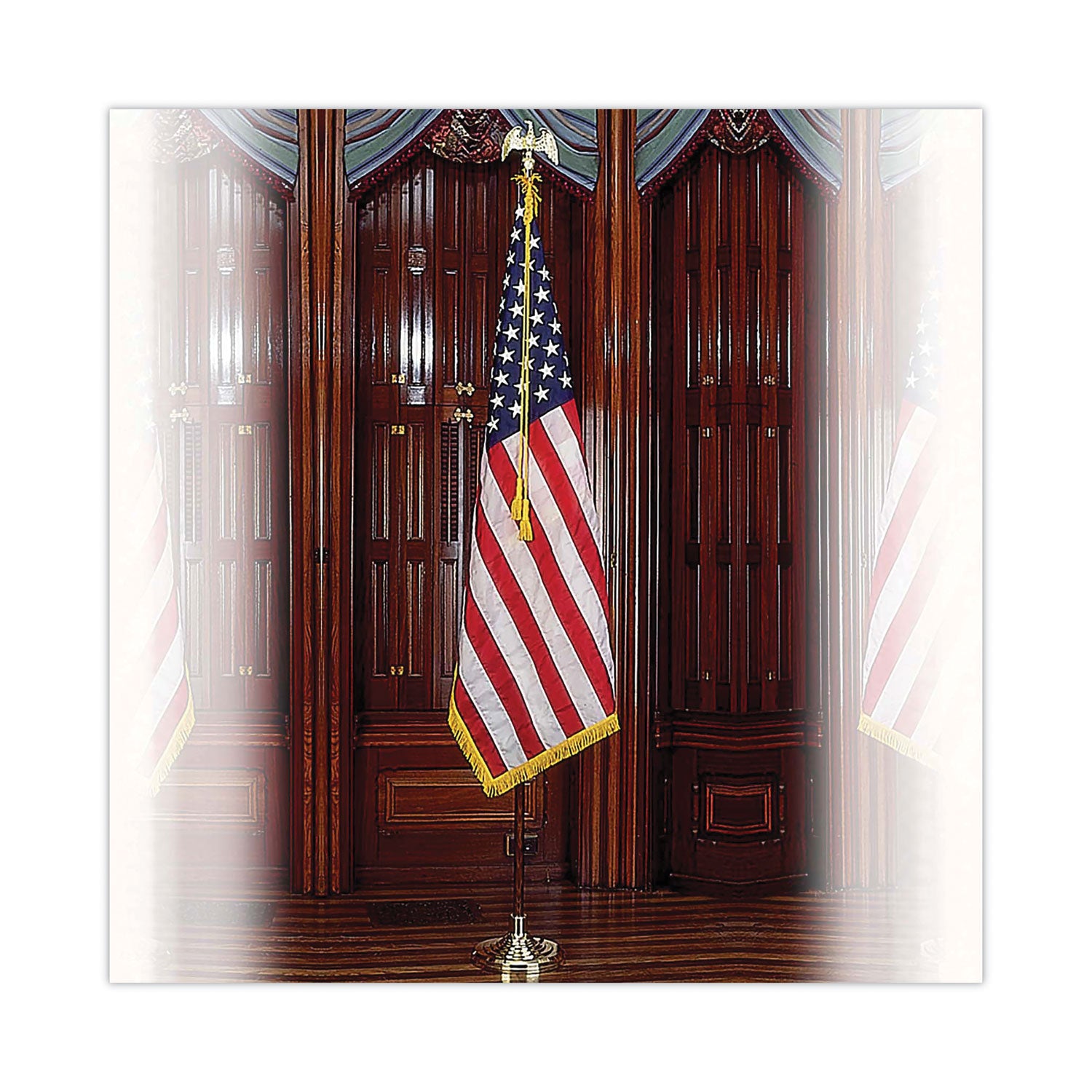 Advantus Deluxe U.S. Flag and Staff Set, 60" x 36" Flag, 8 ft Oak Staff, 2" Gold Fringe, 7" Goldtone Eagle, Heavyweight Nylon