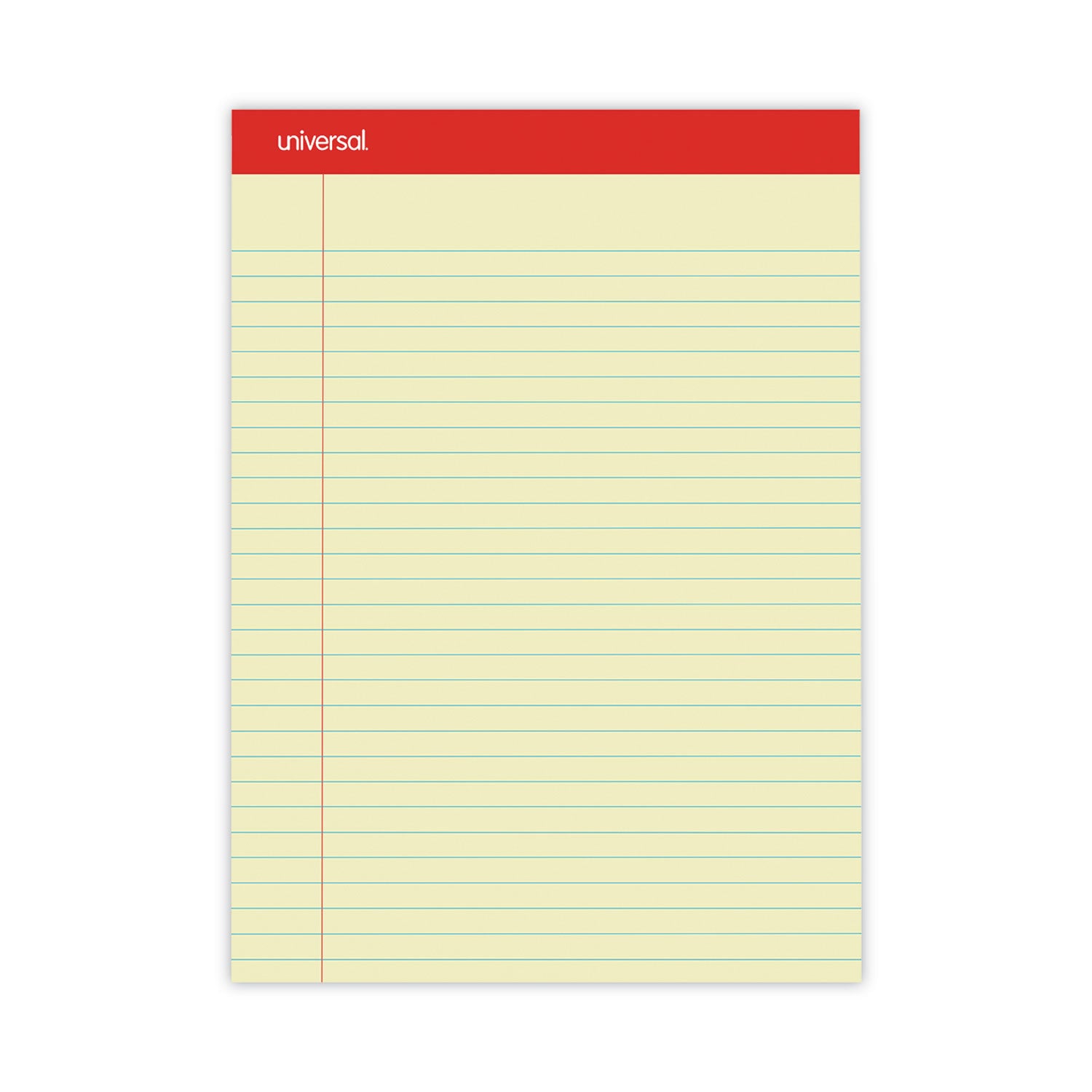 Universal® Perforated Ruled Writing Pads, Wide/Legal Rule, Red Headband, 50 Canary-Yellow 8.5 x 11.75 Sheets, Dozen