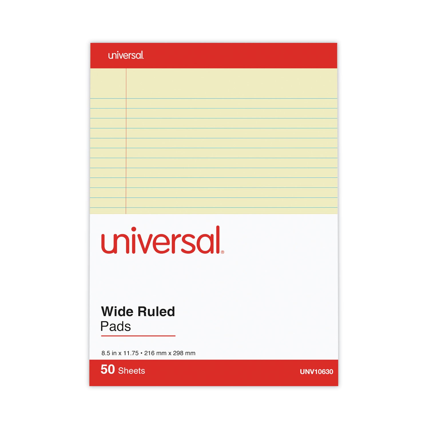 Universal® Perforated Ruled Writing Pads, Wide/Legal Rule, Red Headband, 50 Canary-Yellow 8.5 x 11.75 Sheets, Dozen