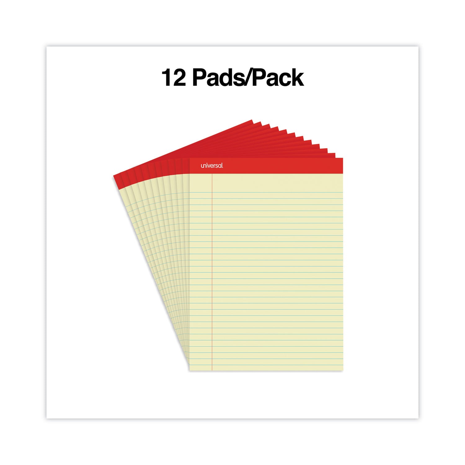 Universal® Perforated Ruled Writing Pads, Wide/Legal Rule, Red Headband, 50 Canary-Yellow 8.5 x 11.75 Sheets, Dozen