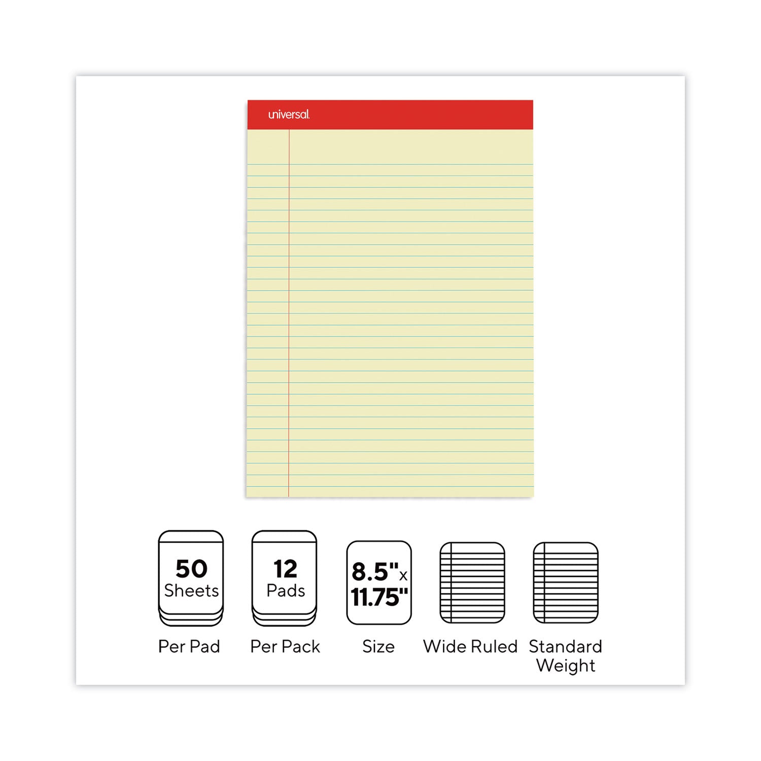 Universal® Perforated Ruled Writing Pads, Wide/Legal Rule, Red Headband, 50 Canary-Yellow 8.5 x 11.75 Sheets, Dozen