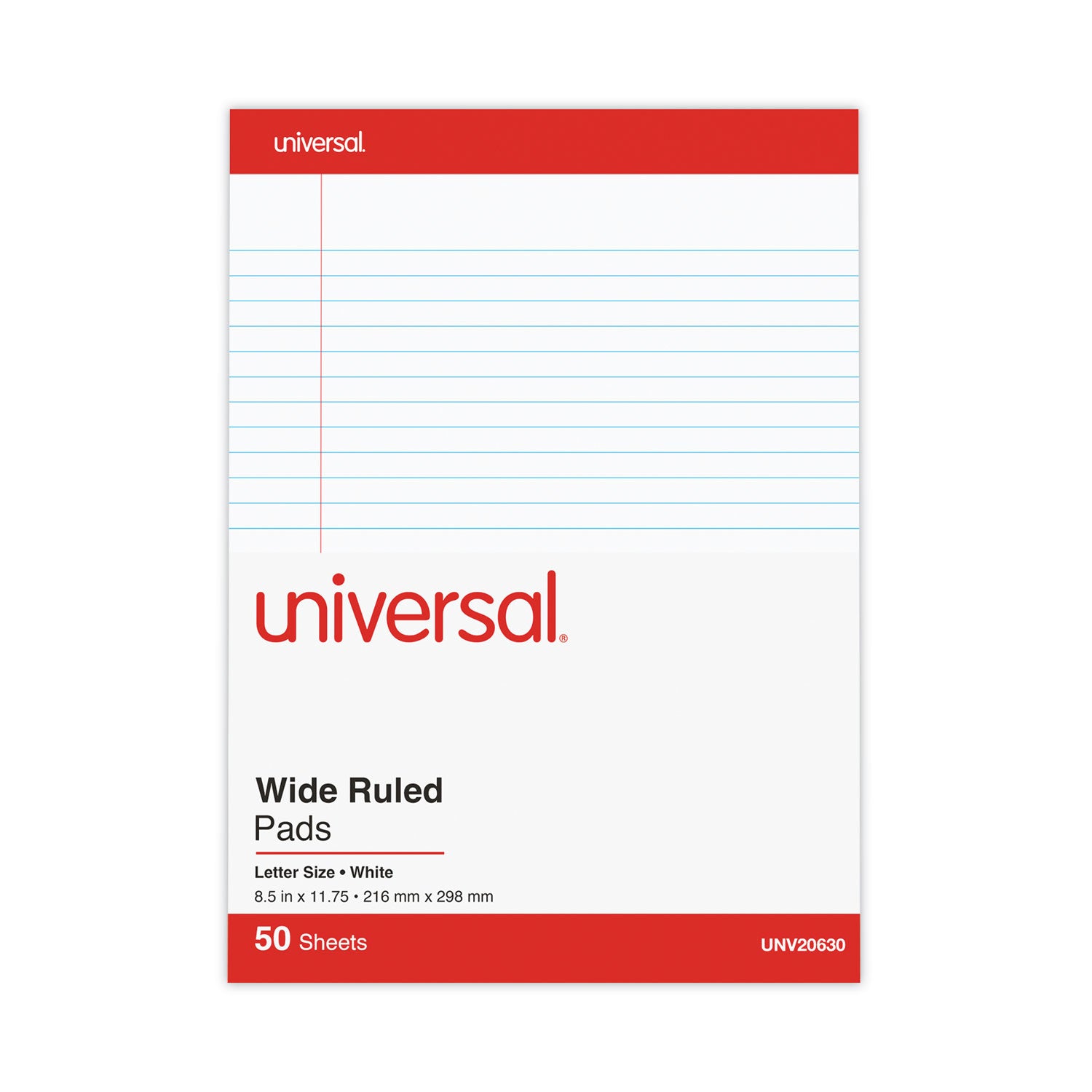 Universal® Perforated Ruled Writing Pads, Wide/Legal Rule, Red Headband, 50 White 8.5 x 11.75 Sheets, Dozen