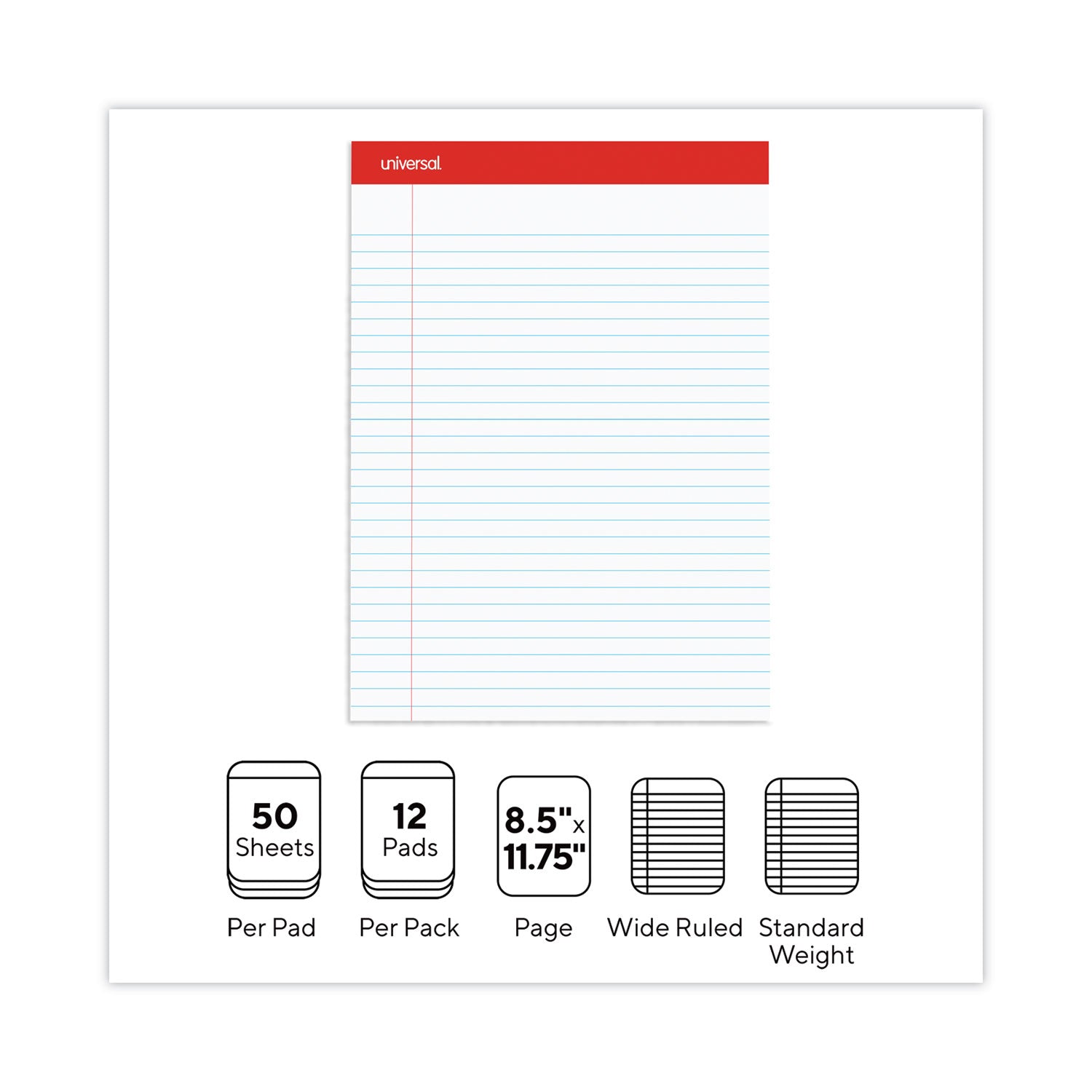 Universal® Perforated Ruled Writing Pads, Wide/Legal Rule, Red Headband, 50 White 8.5 x 11.75 Sheets, Dozen