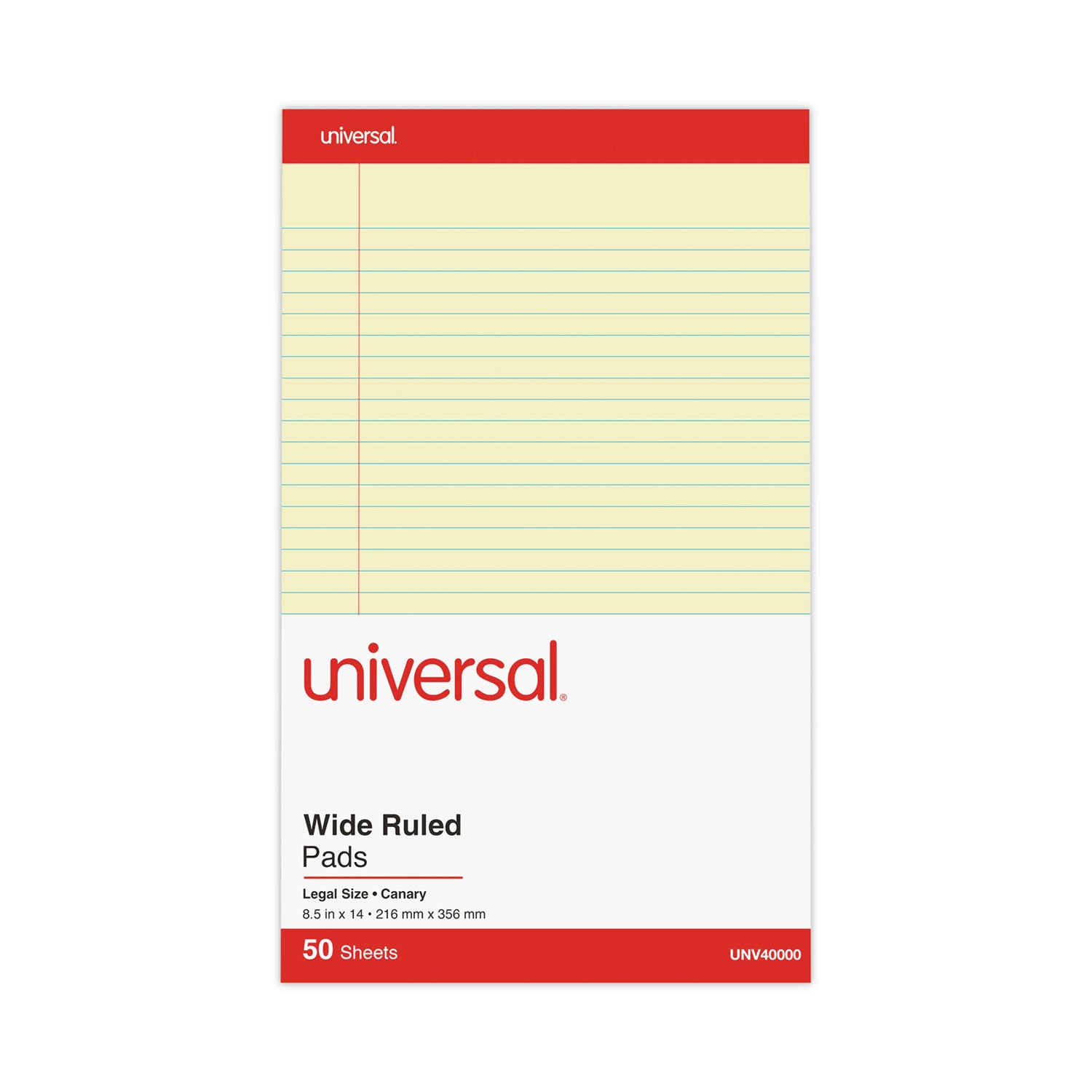 Universal® Perforated Ruled Writing Pads, Wide/Legal Rule, Red Headband, 50 Canary-Yellow 8.5 x 14 Sheets, Dozen