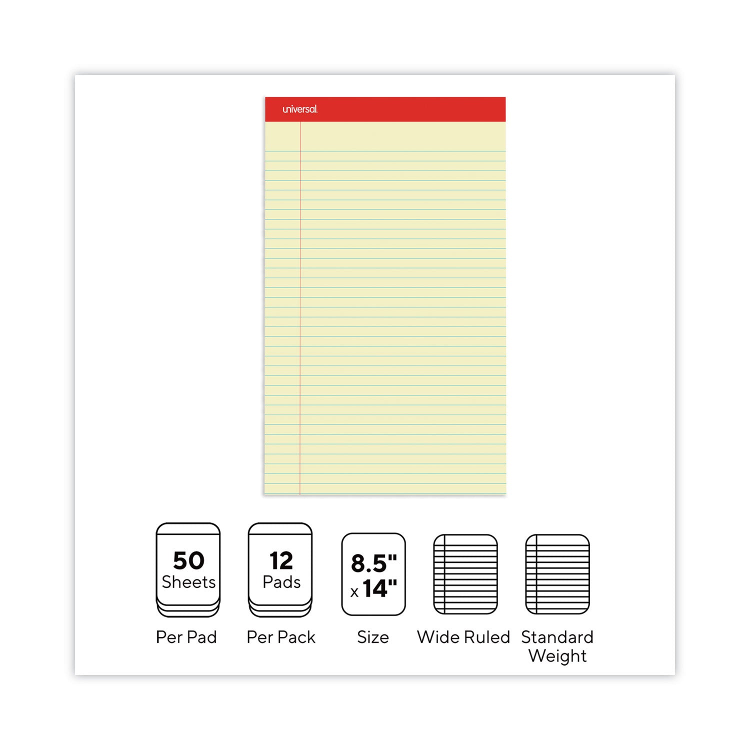 Universal® Perforated Ruled Writing Pads, Wide/Legal Rule, Red Headband, 50 Canary-Yellow 8.5 x 14 Sheets, Dozen