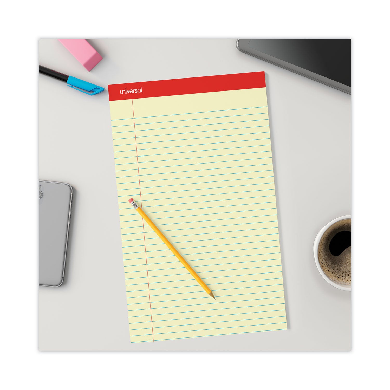 Universal® Perforated Ruled Writing Pads, Wide/Legal Rule, Red Headband, 50 Canary-Yellow 8.5 x 14 Sheets, Dozen