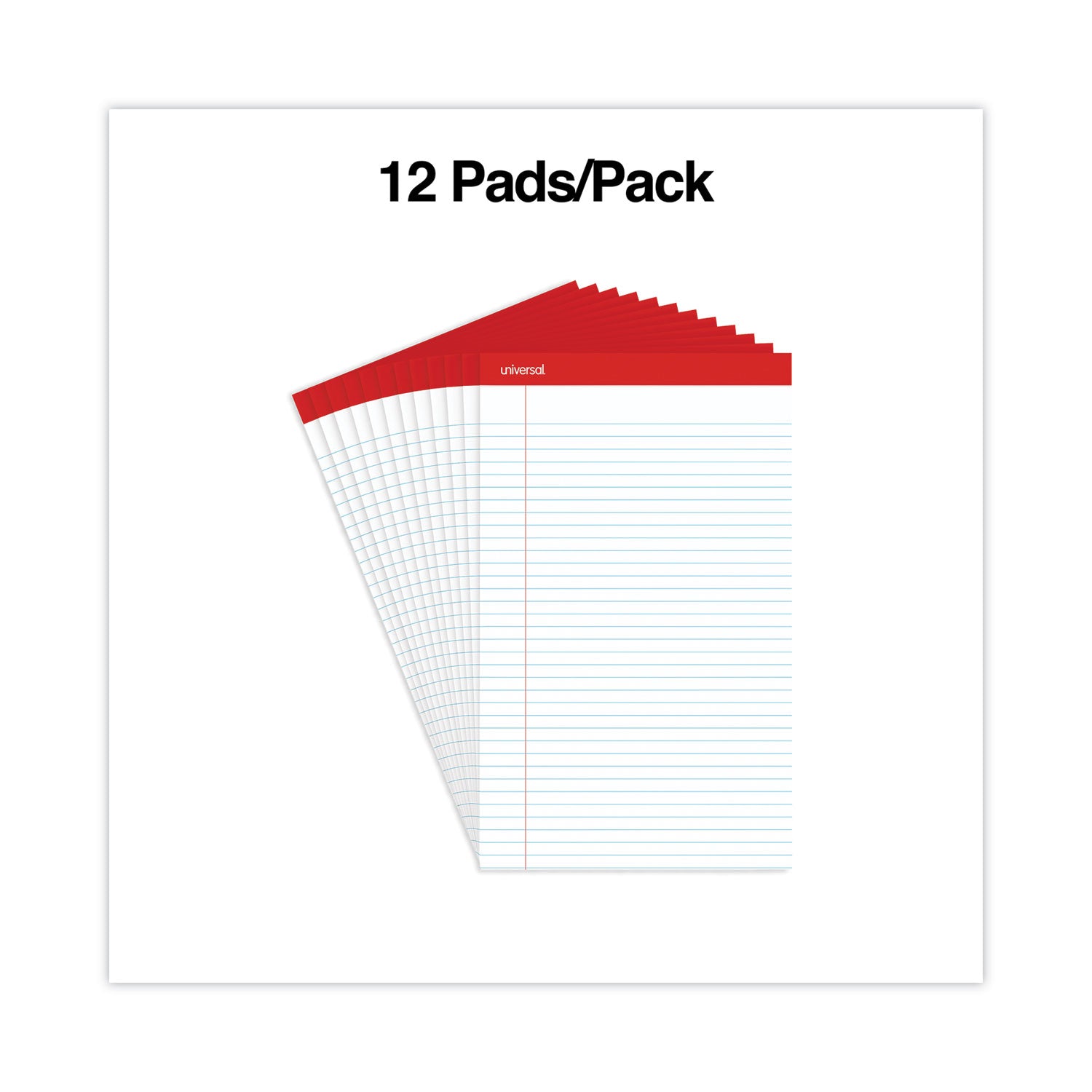 Universal® Perforated Ruled Writing Pads, Wide/Legal Rule, Red Headband, 50 White 8.5 x 14 Sheets, Dozen