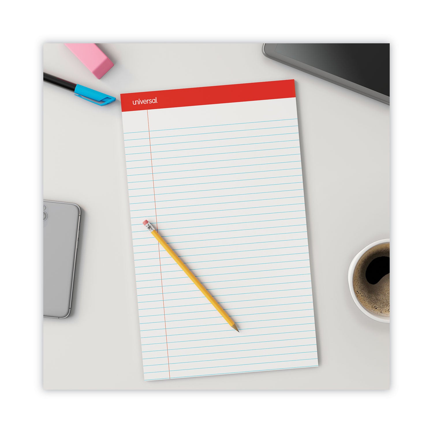 Universal® Perforated Ruled Writing Pads, Wide/Legal Rule, Red Headband, 50 White 8.5 x 14 Sheets, Dozen