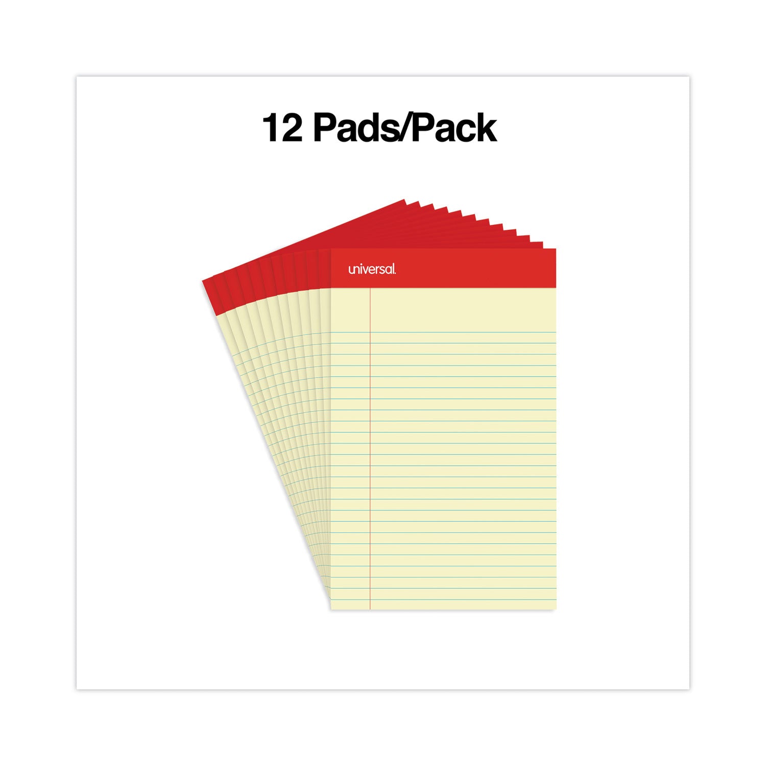 Universal® Perforated Ruled Writing Pads, Narrow Rule, Red Headband, 50 Canary-Yellow 5 x 8 Sheets, Dozen