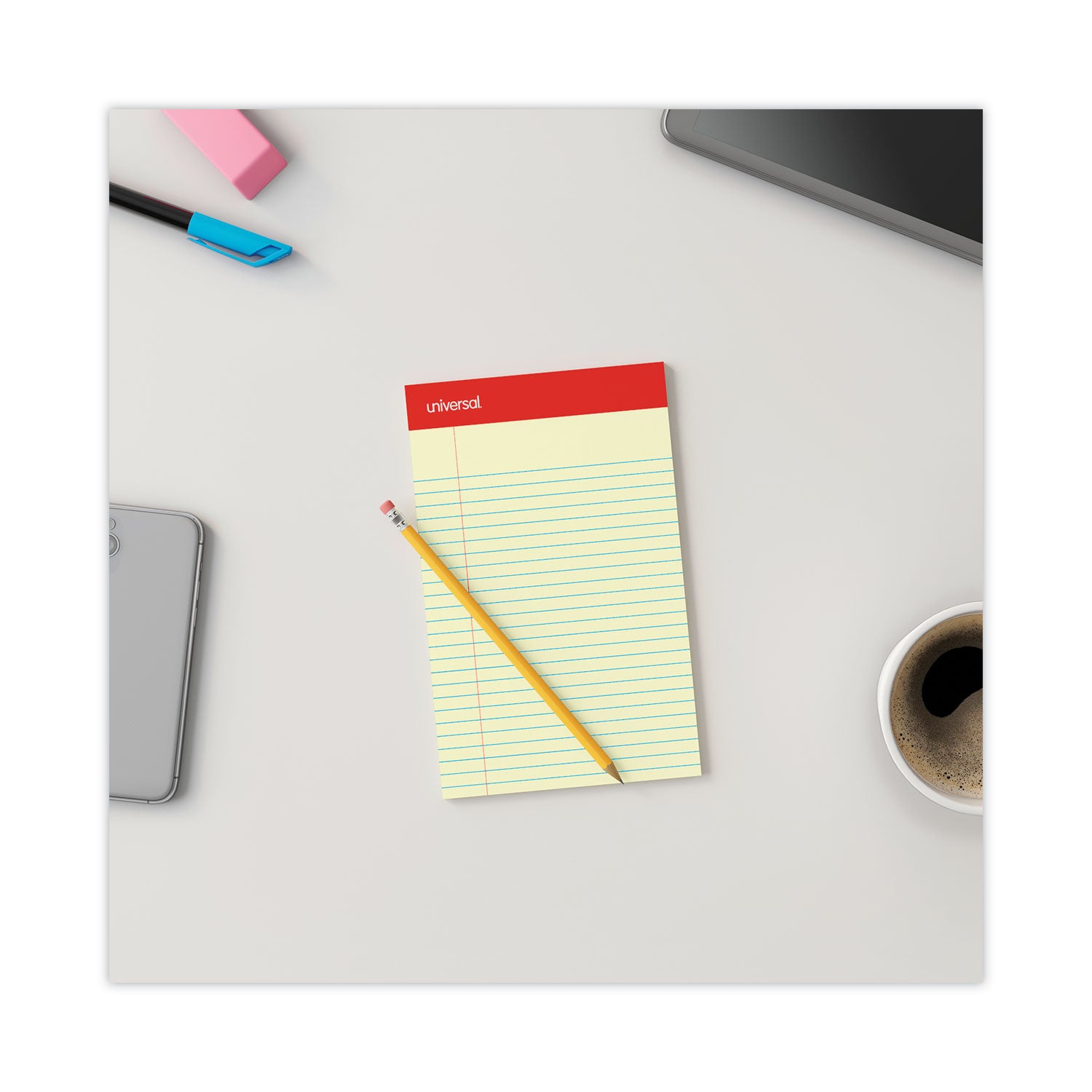 Universal® Perforated Ruled Writing Pads, Narrow Rule, Red Headband, 50 Canary-Yellow 5 x 8 Sheets, Dozen