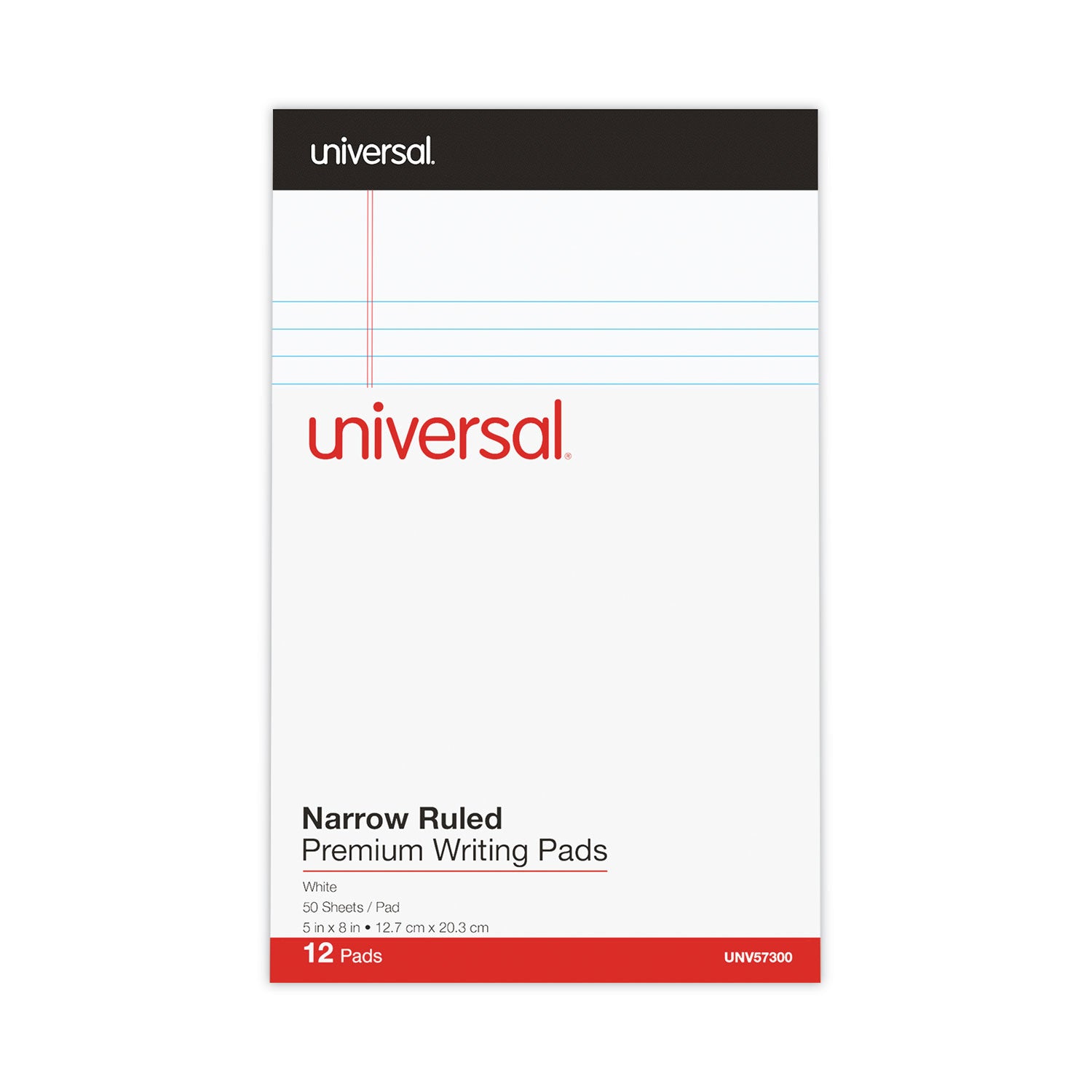 Universal® Premium Ruled Writing Pads with Heavy-Duty Back, Narrow Rule, Black Headband, 50 White 5 x 8 Sheets, 12/Pack