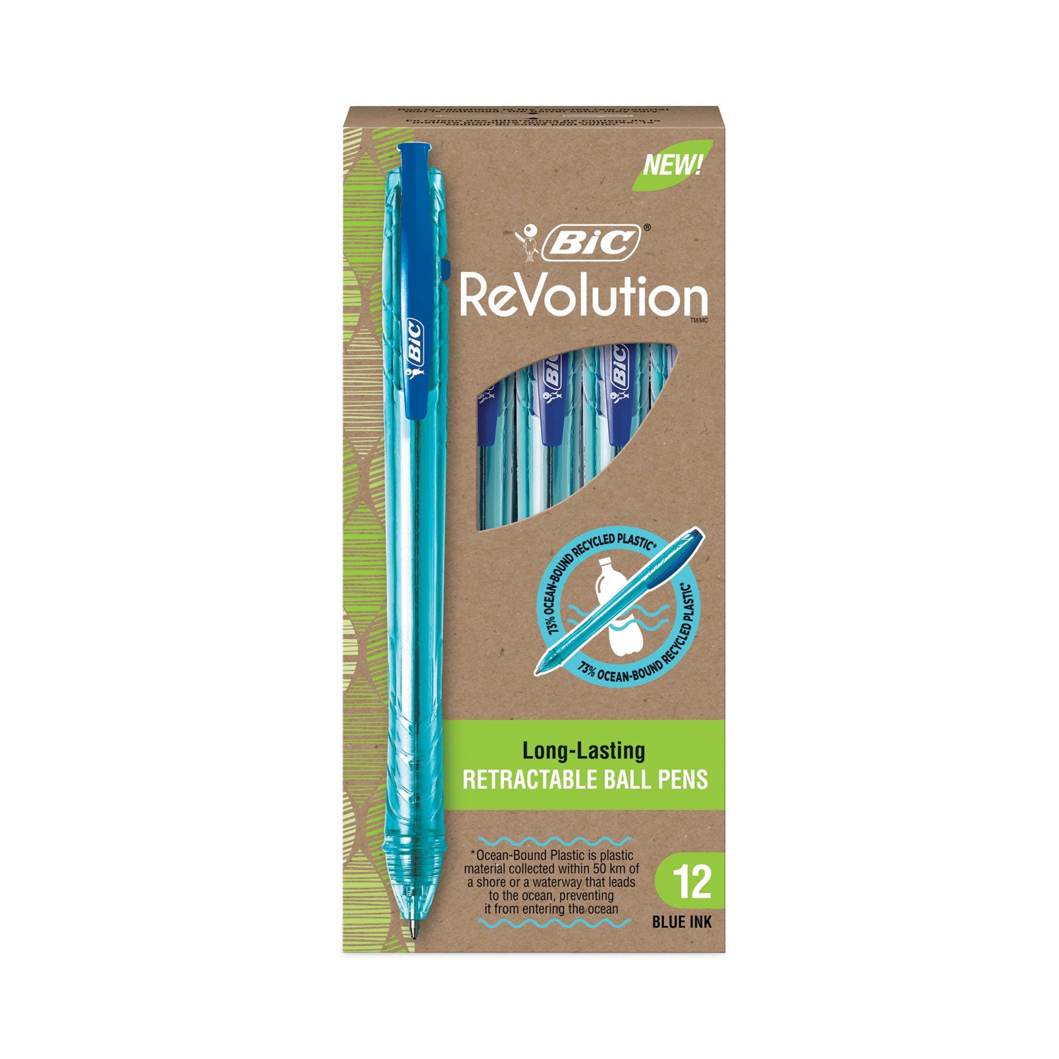 BIC® ReVolution Ocean Bound Ballpoint Pen, Retractable, Medium 1 mm, Blue Ink, Translucent Blue Barrel, Dozen