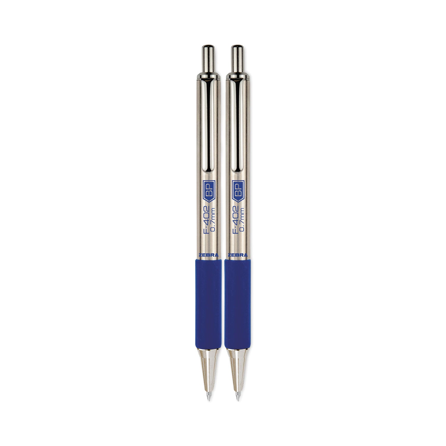 Zebra® F-402 Ballpoint Pen, Retractable, Fine 0.7 mm, Blue Ink, Stainless Steel/Blue Barrel, 2/Pack