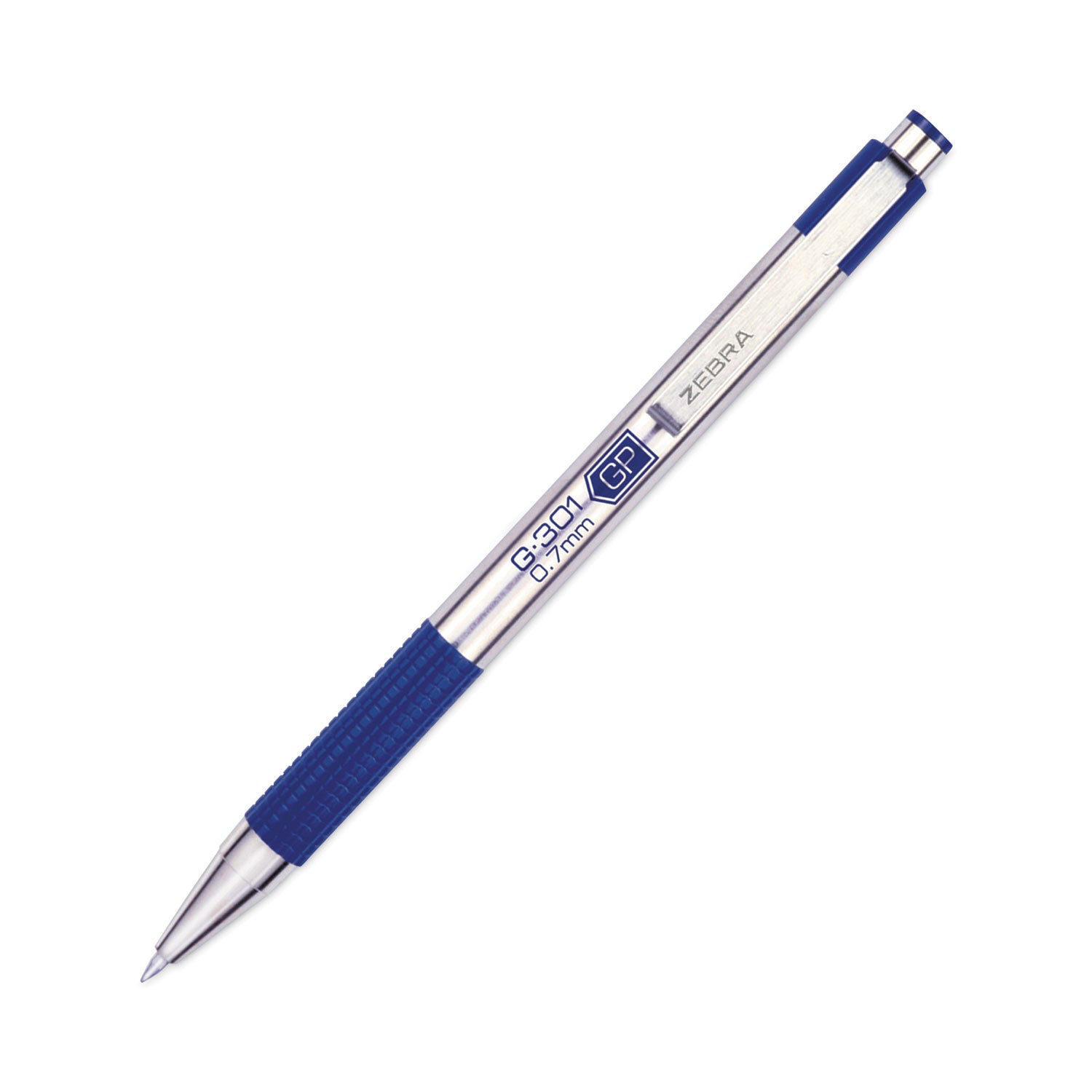 Zebra® G-301 Gel Pen, Retractable, Medium 0.7 mm, Blue Ink, Stainless Steel/Blue Barrel, 2/Pack