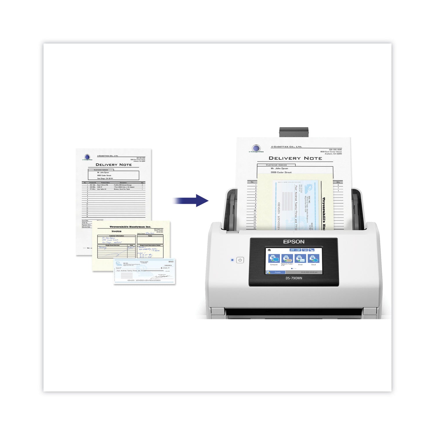 Epson® DS-790WN Wireless Network Color Document Scanner, 600 dpi Optical Resolution, 100-Sheet Duplex Auto Document Feeder