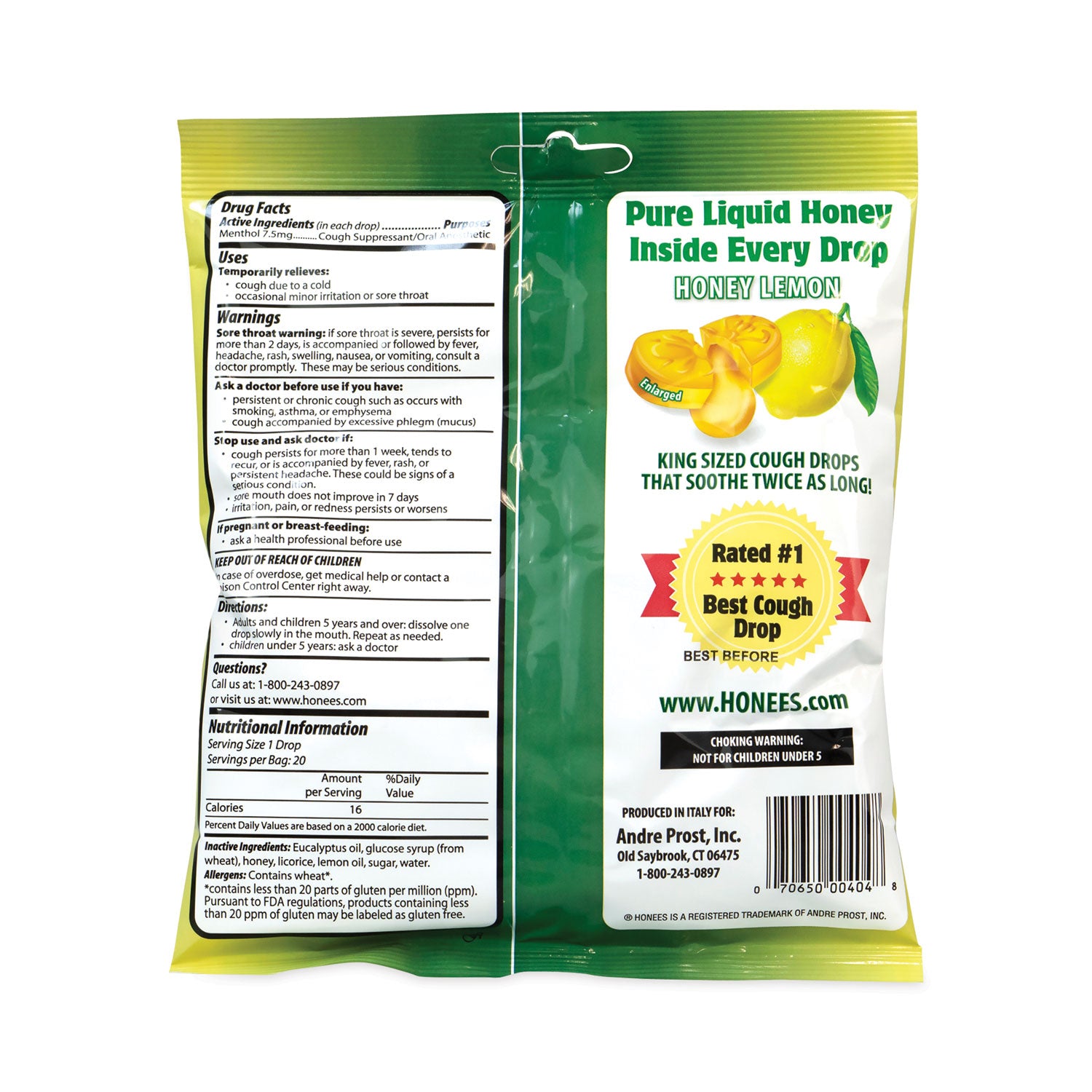 HONEES® Cough Drops, Honey-Lemon, 20 per Bag, 6 Bags/Pack