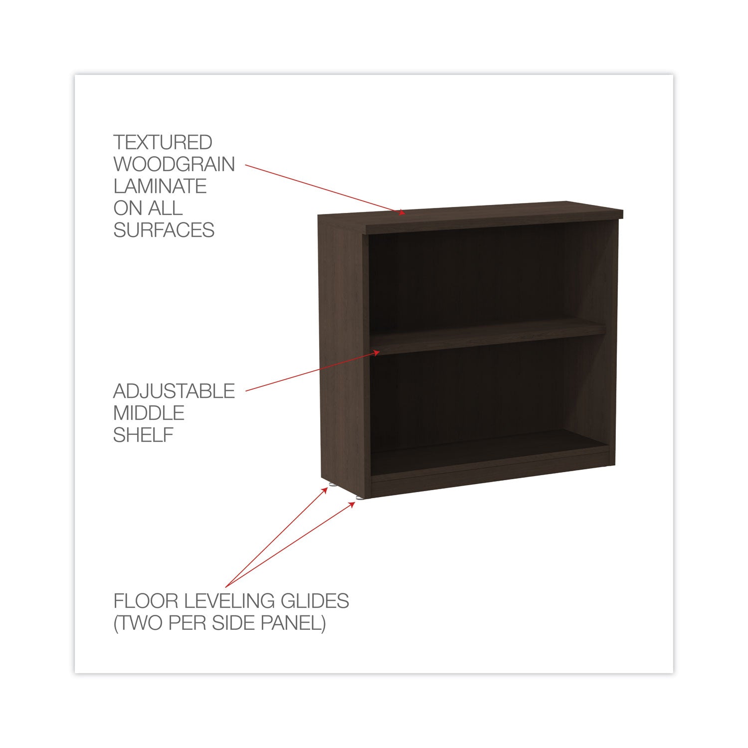 Alera® Alera Valencia Series Bookcase, Two-Shelf, 31.75w x 14d x 29.5h, Espresso