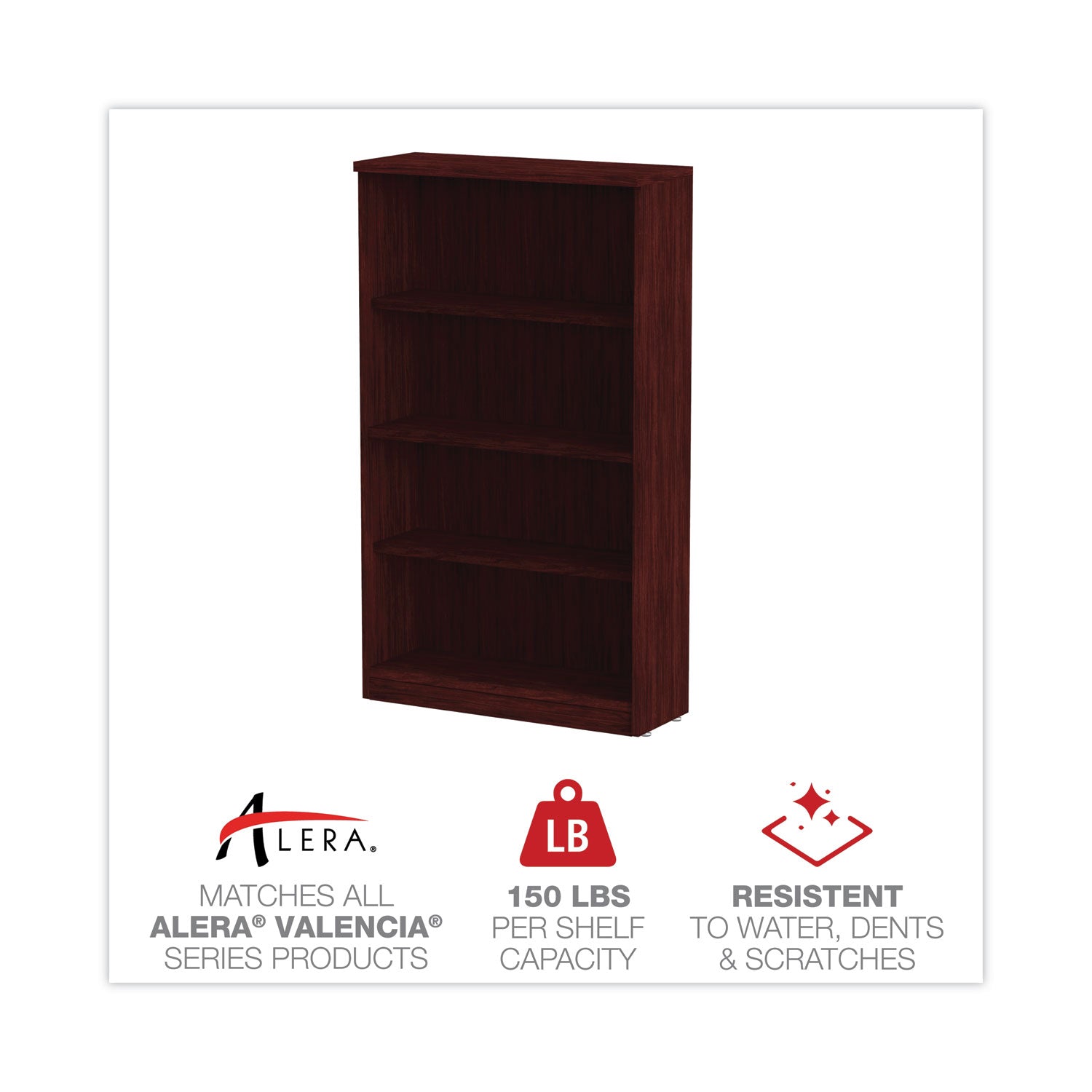 Alera® Alera Valencia Series Bookcase, Four-Shelf, 31.75w x 14d x 54.88h, Mahogany