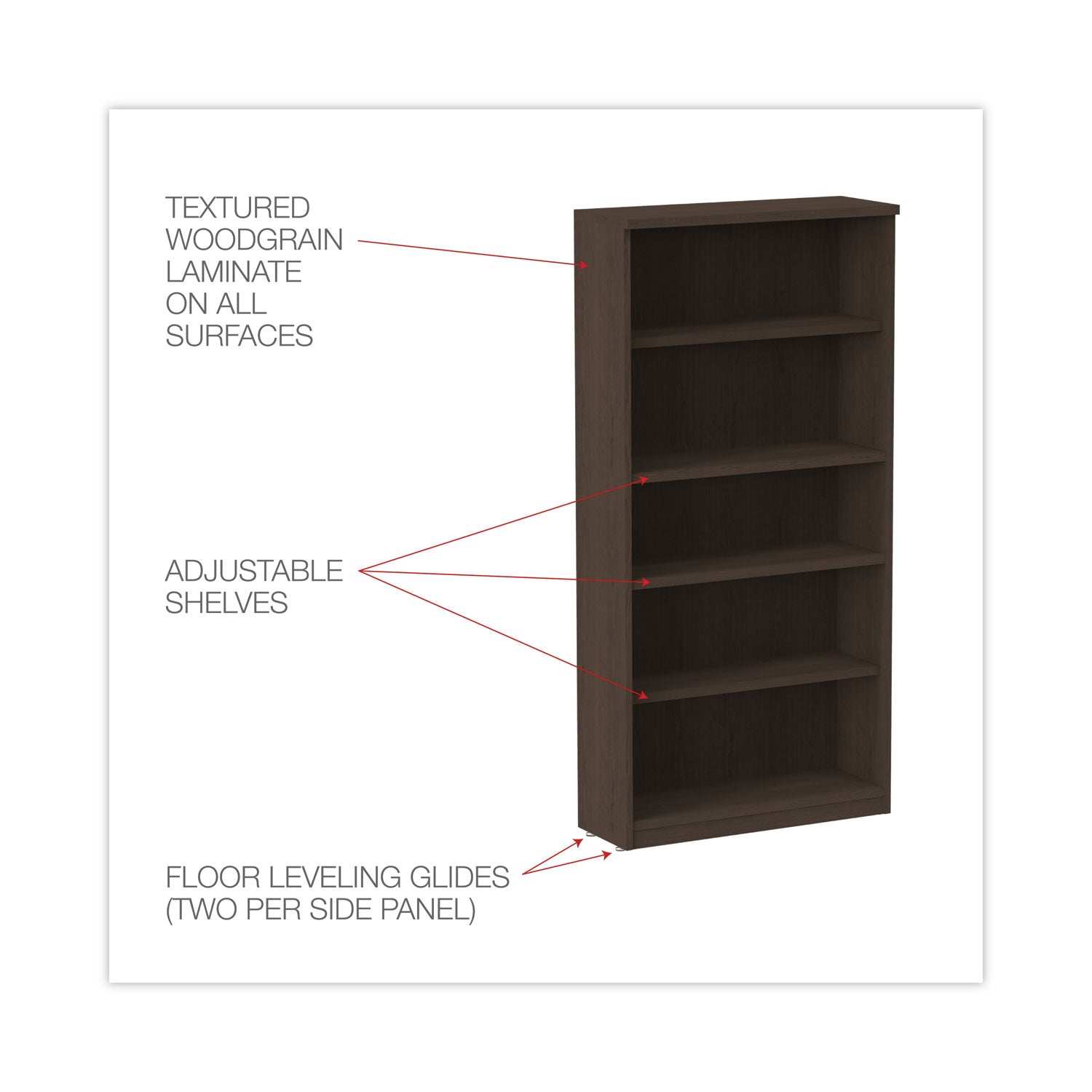 Alera® Alera Valencia Series Bookcase, Five-Shelf, 31.75w x 14d x 64.75h, Espresso