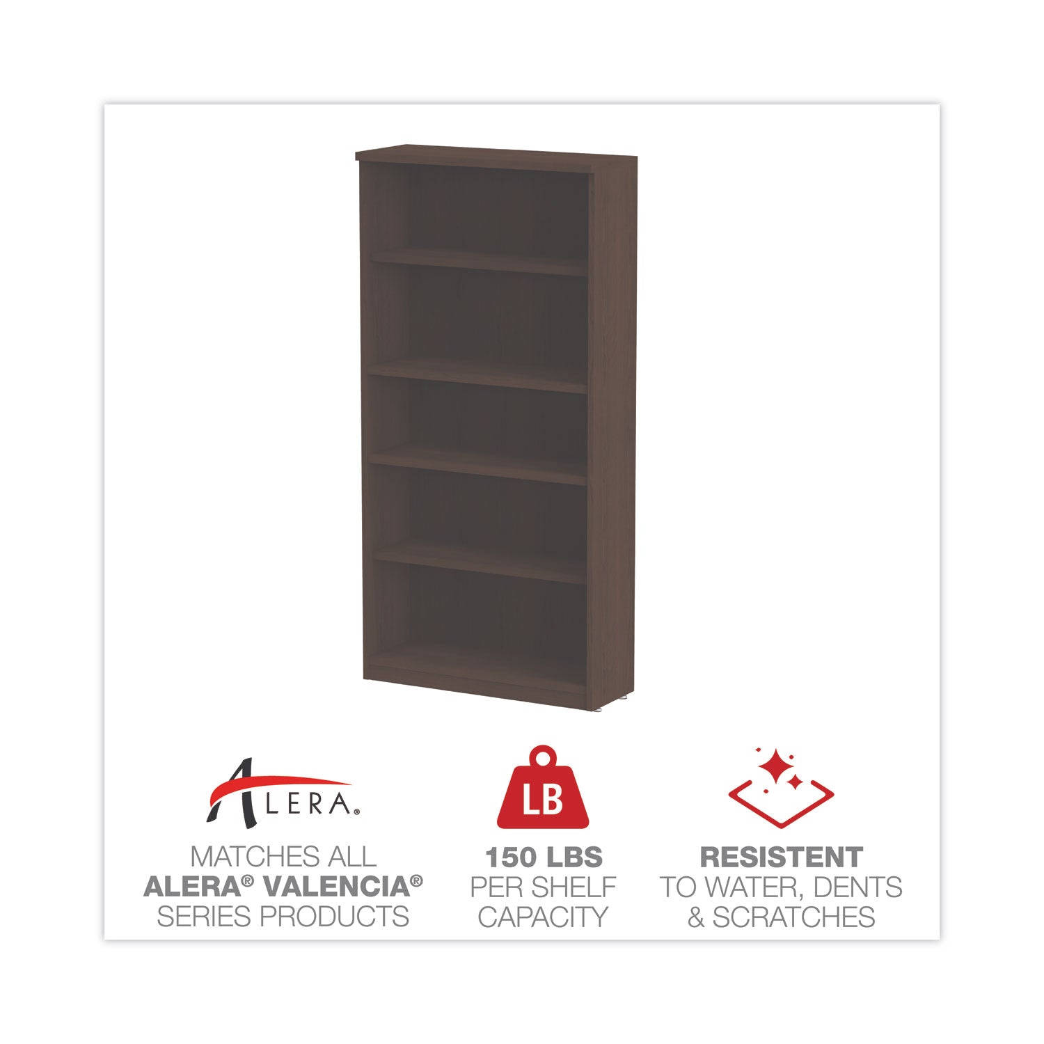 Alera® Alera Valencia Series Bookcase, Five-Shelf, 31.75w x 14d x 64.75h, Espresso