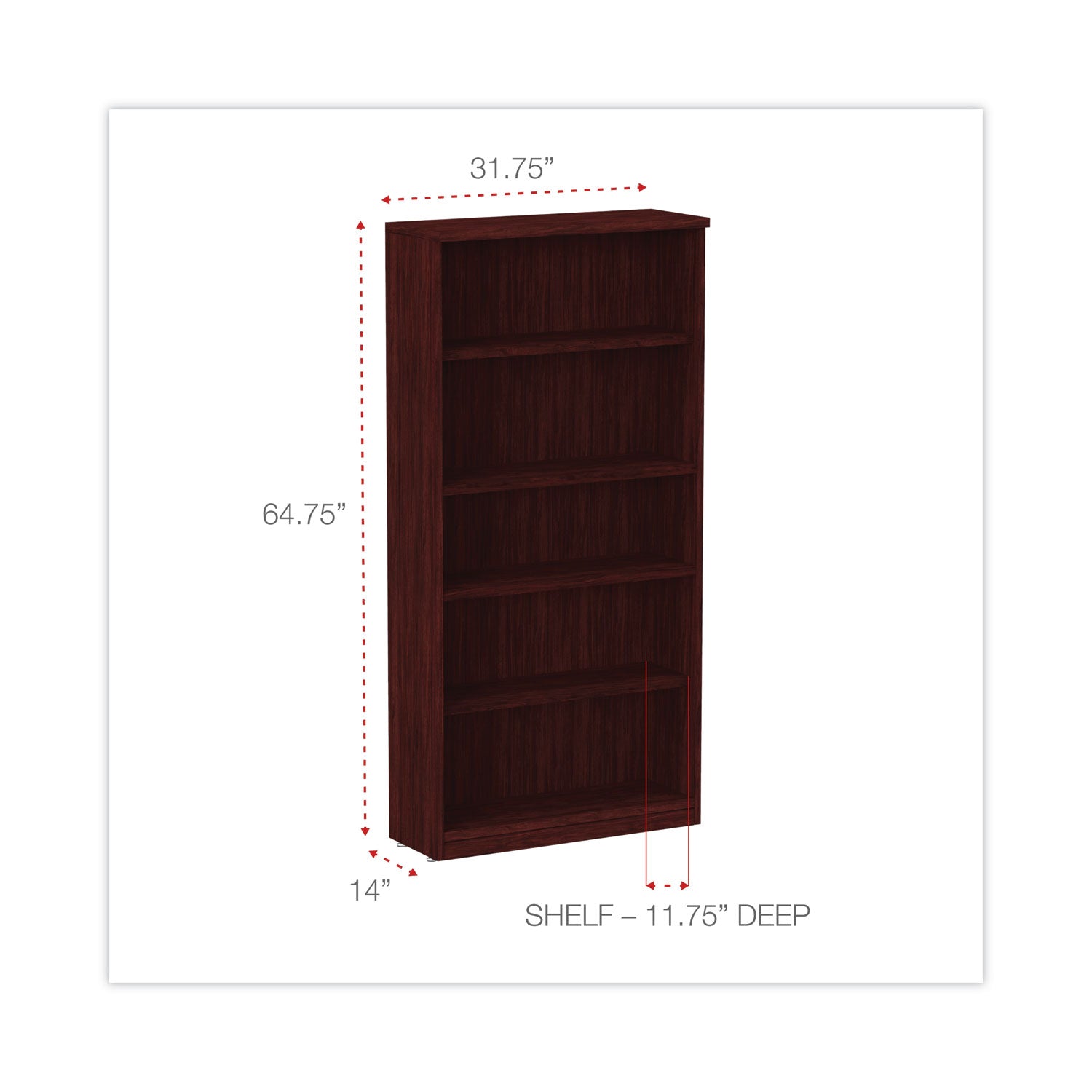 Alera® Alera Valencia Series Bookcase, Five-Shelf, 31.75w x 14d x 64.75h, Mahogany