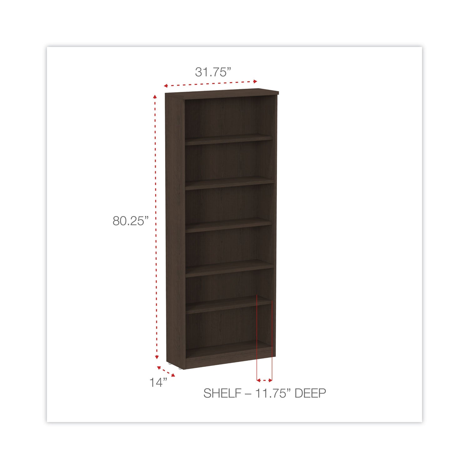 Alera® Alera Valencia Series Bookcase, Six-Shelf, 31.75w x 14d x 80.25h, Espresso