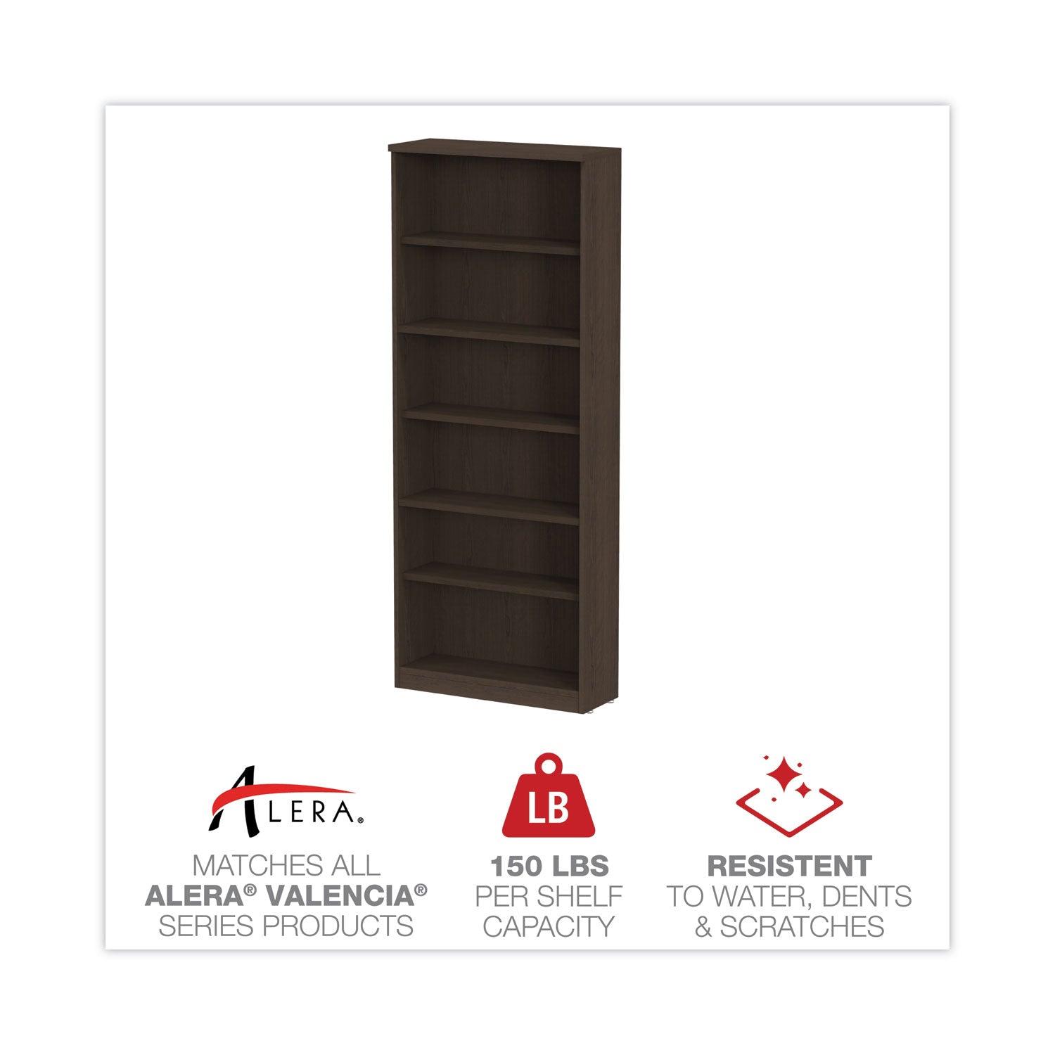 Alera® Alera Valencia Series Bookcase, Six-Shelf, 31.75w x 14d x 80.25h, Espresso