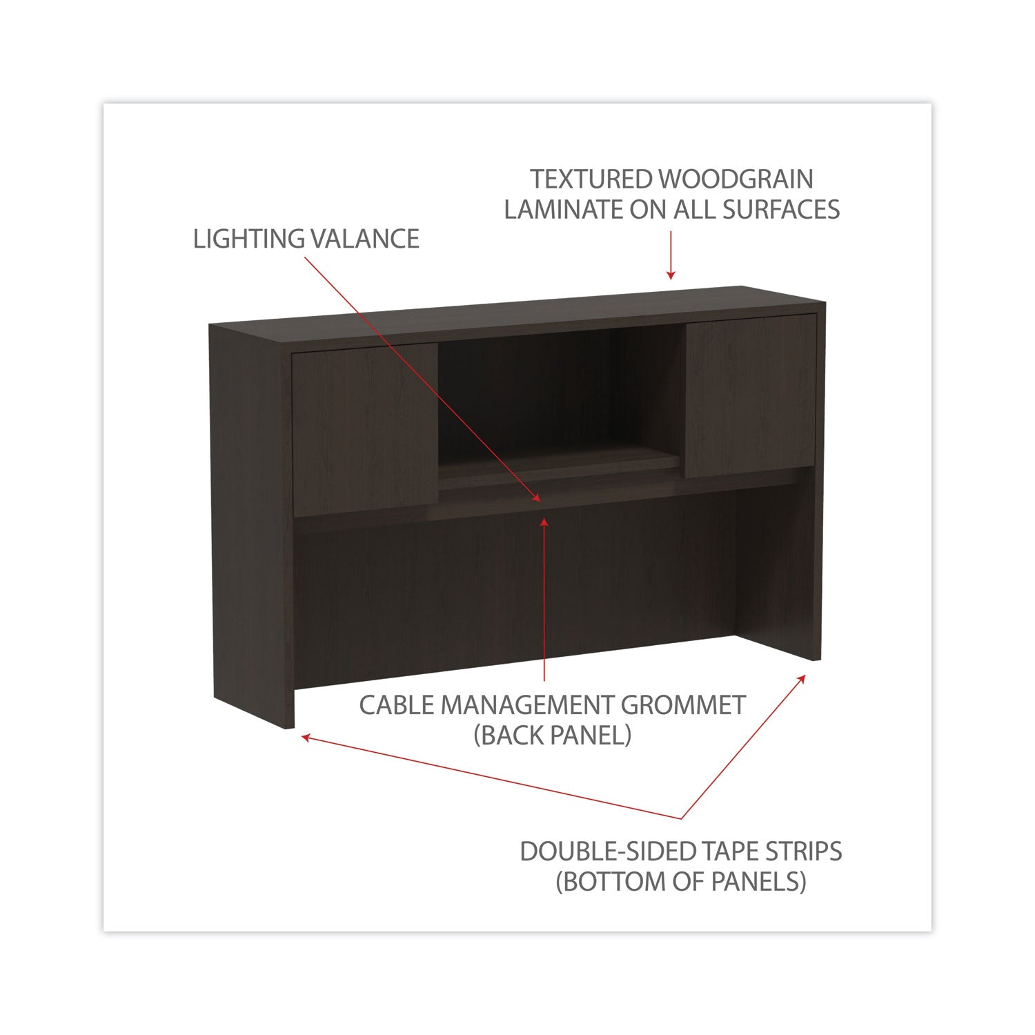 Alera® Alera Valencia Series Hutch with Doors, 4 Compartments, 58.88w x 15d x 35.38h, Espresso