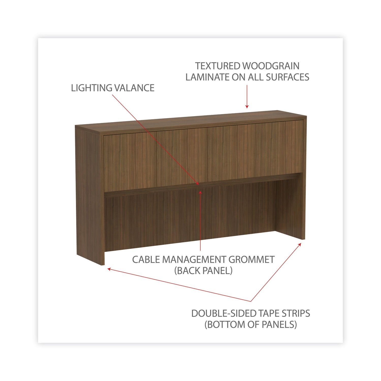 Alera® Alera Valencia Series Hutch with Doors, 4 Compartments, 64.75w x 15d x 35.38h, Modern Walnut