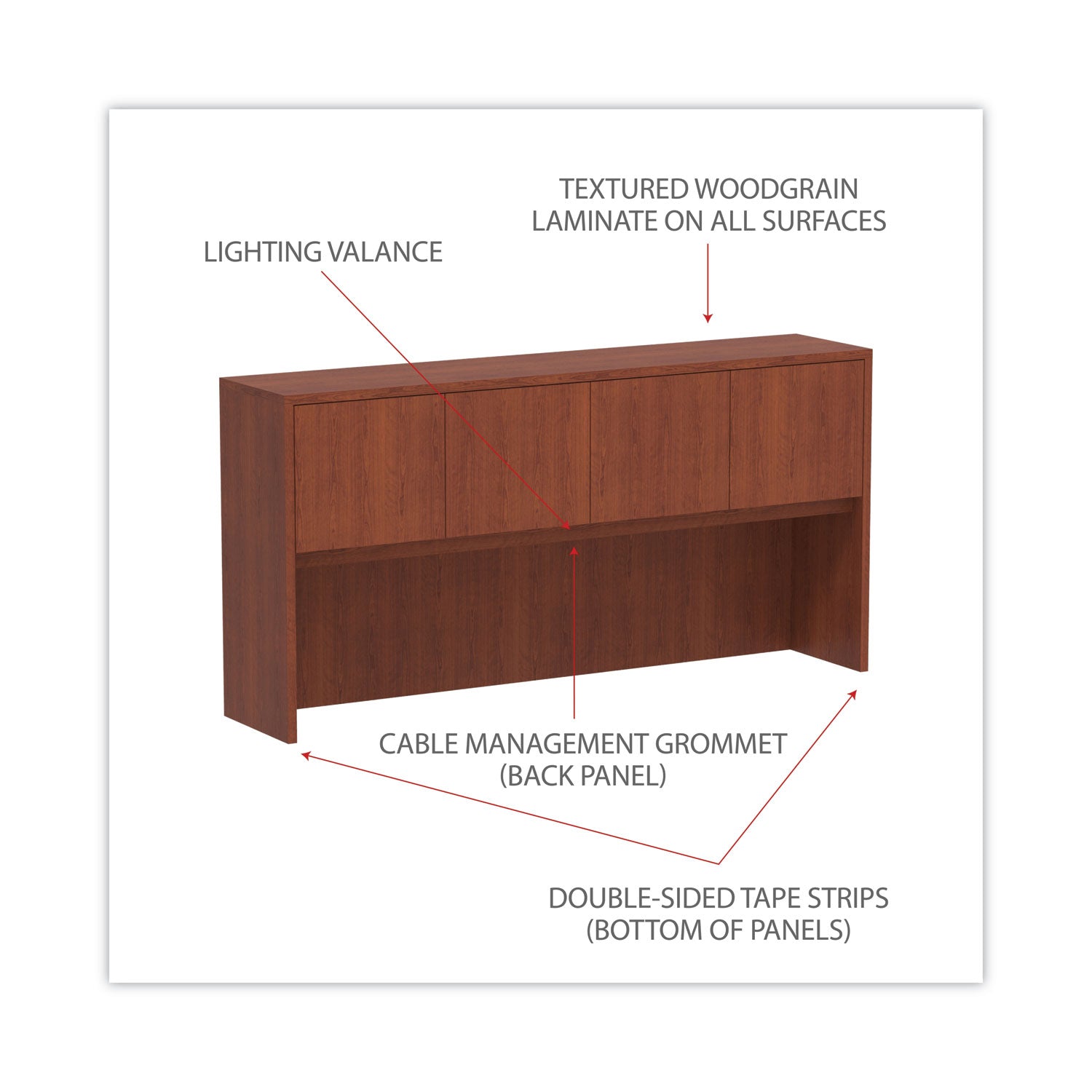 Alera® Alera Valencia Series Hutch with Doors, 4 Compartments, 70.63w x 15d x 35.38h, Medium Cherry