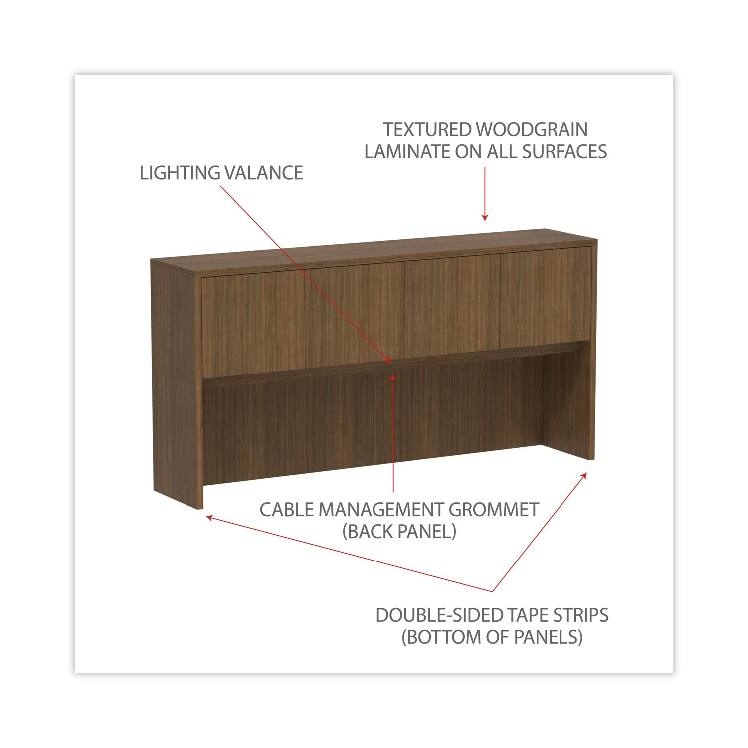 Alera® Alera Valencia Series Hutch with Doors, 4 Compartments, 70.63w x 15d x 35.38h, Modern Walnut