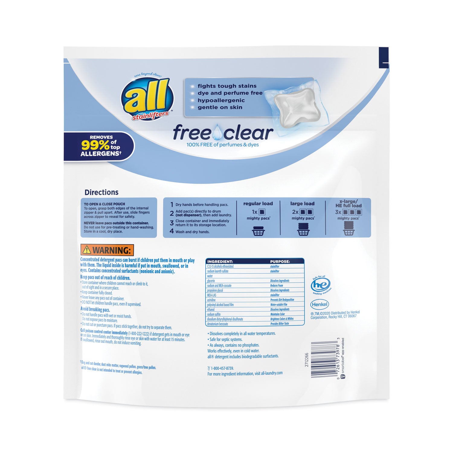 All® Mighty Pacs Free and Clear Super Concentrated Laundry Detergent, 39/Pack, 6 Packs/Carton