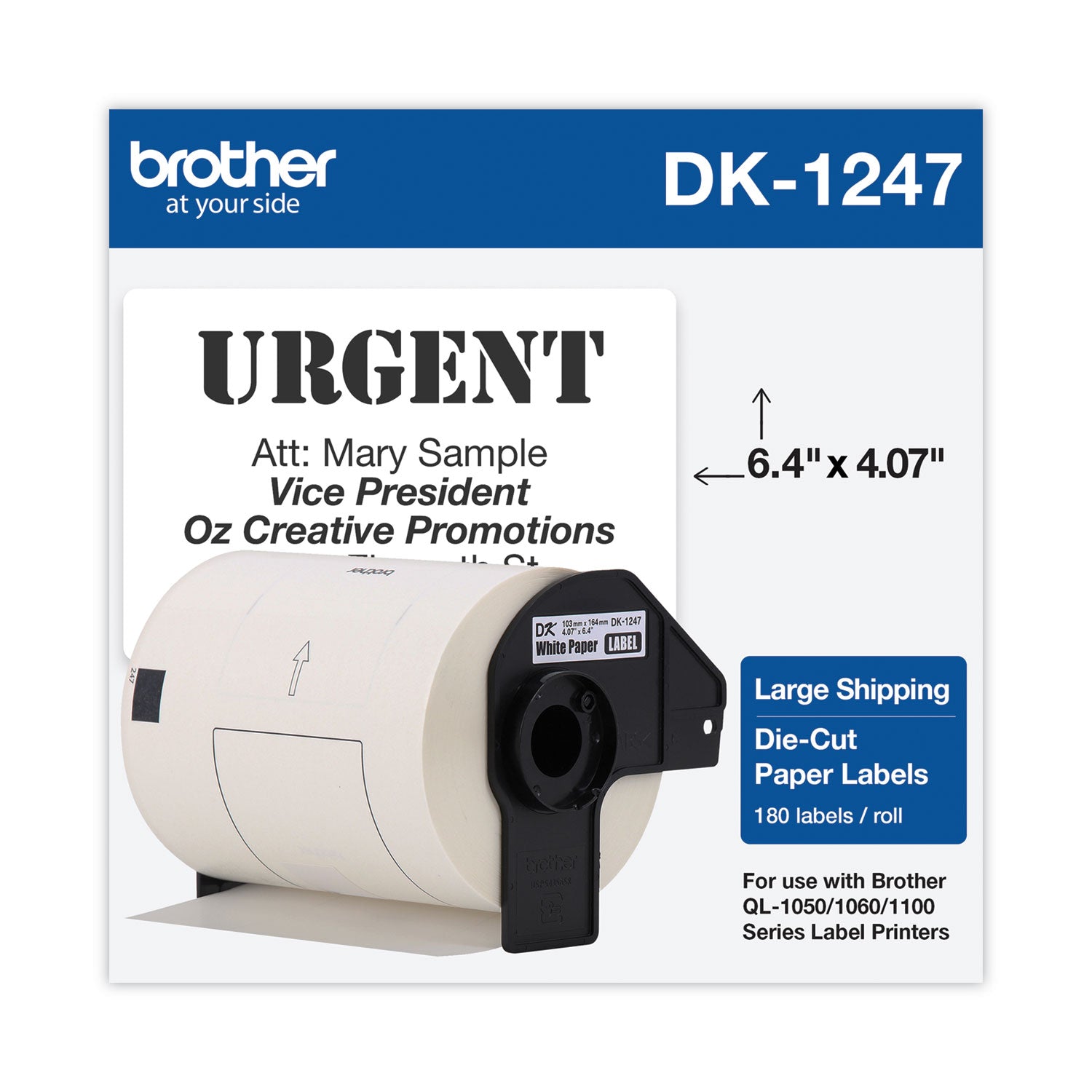 Brother P-Touch® DK1247 Label Tape, 4.07" x 6.4", Black on White, 180 Labels/Roll