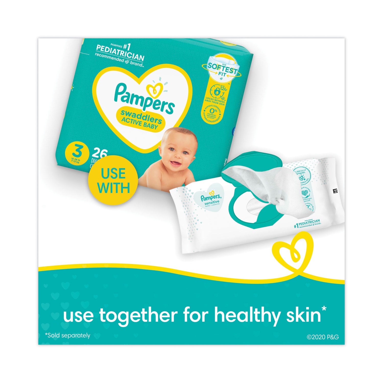 Pampers® Sensitive Baby Wipes, 1-Ply, 6.8 x 7, Unscented, White, 56/Pack, 8 Packs/Carton