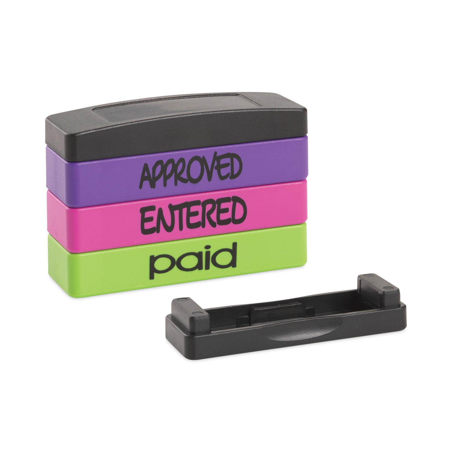 Trodat® Interlocking Stack Stamp, APPROVED, ENTERED, PAID, 1.81" x 0.63", Assorted Fluorescent Ink