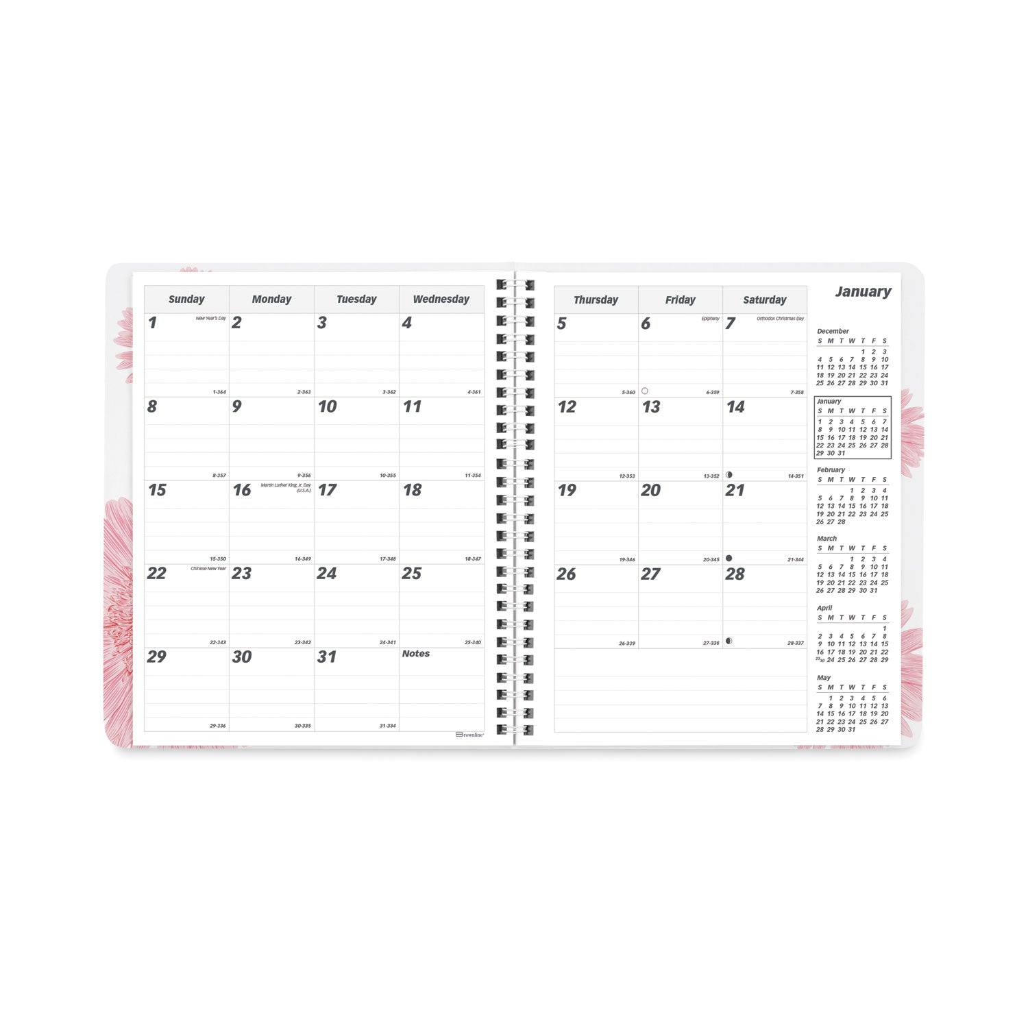 Essential Collection Ruled Monthly Planner, Daisy Artwork, 8.88 x 7.13, Black/Pink Cover, 14-Month: Dec 2024 to Jan 2026