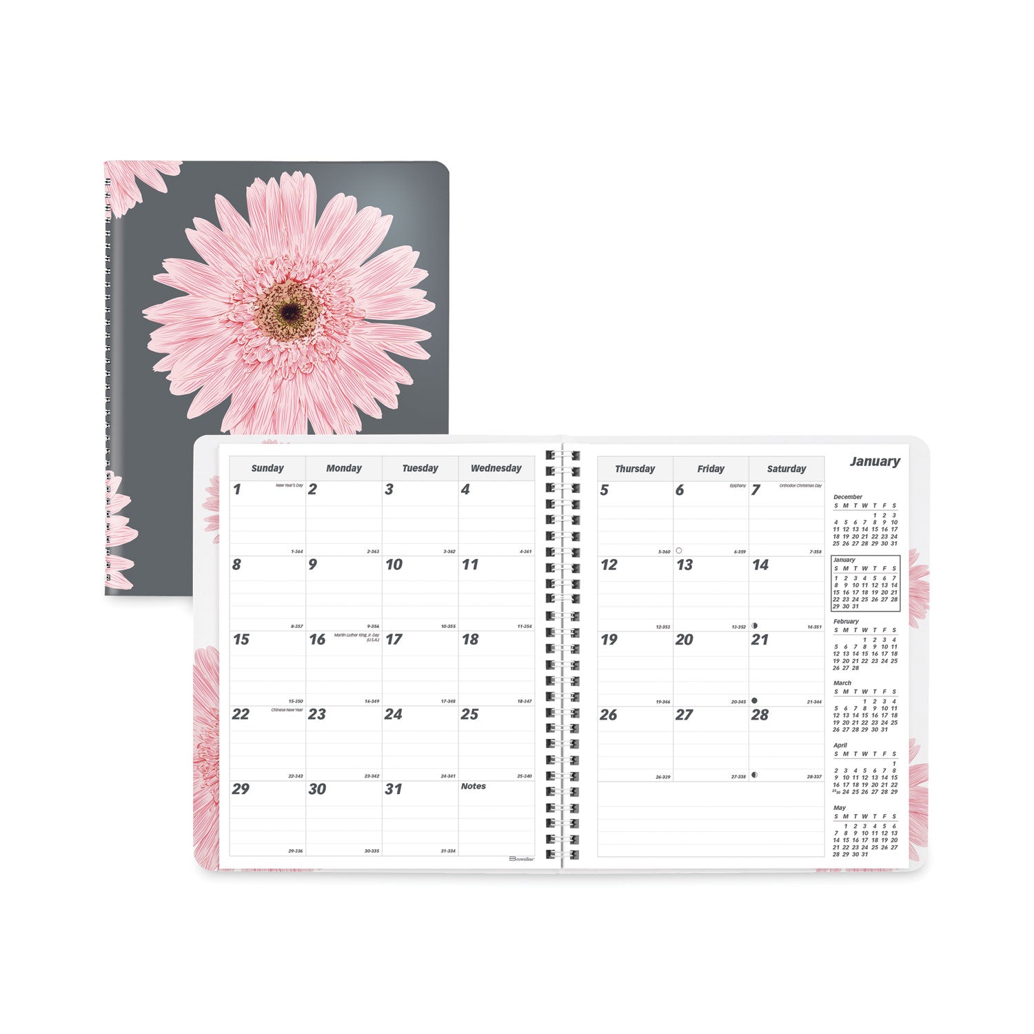 Essential Collection Ruled Monthly Planner, Daisy Artwork, 8.88 x 7.13, Black/Pink Cover, 14-Month: Dec 2024 to Jan 2026