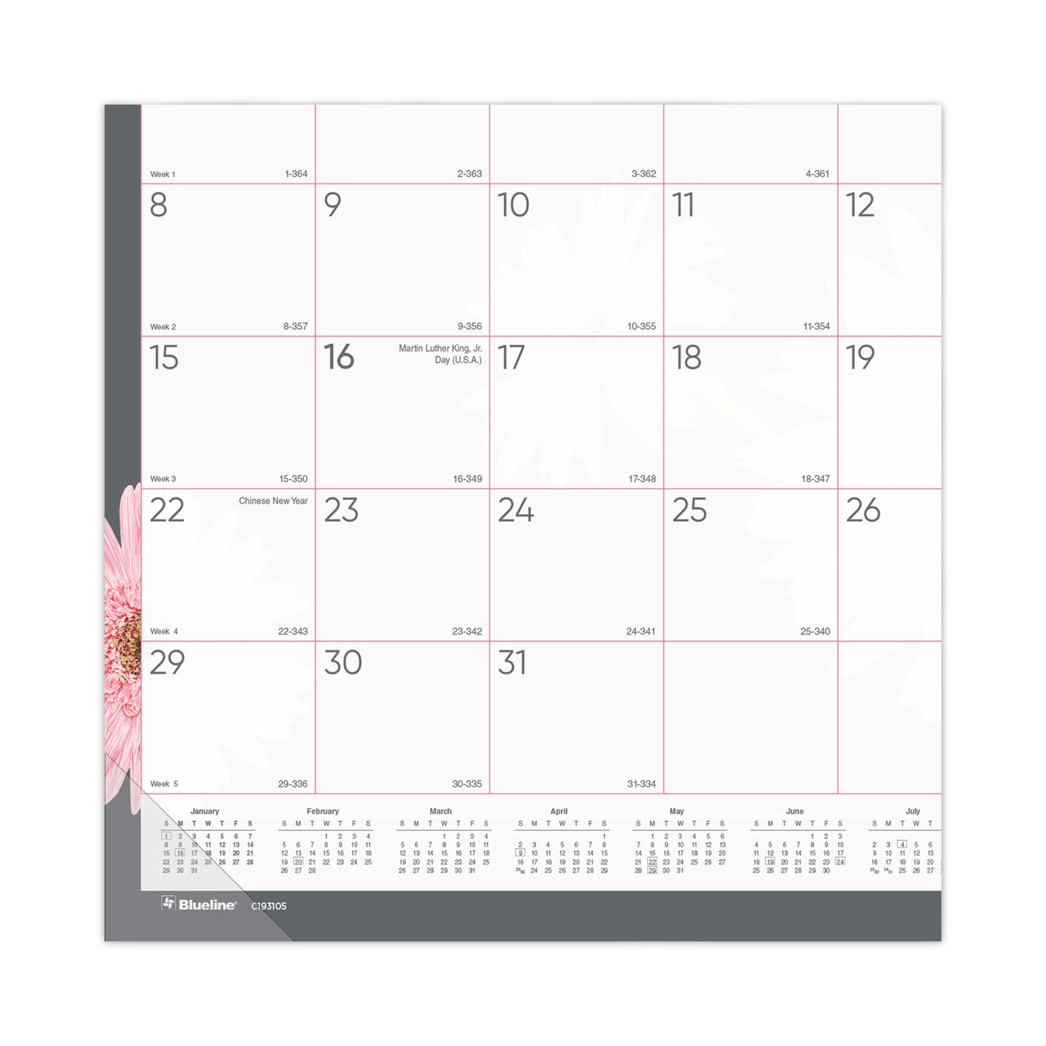 Brownline® Monthly Desk Pad Calendar, Pink Daisy Artwork, 22 x 17, Pink/White Sheets, Black Binding, 12-Month (Jan to Dec): 2025