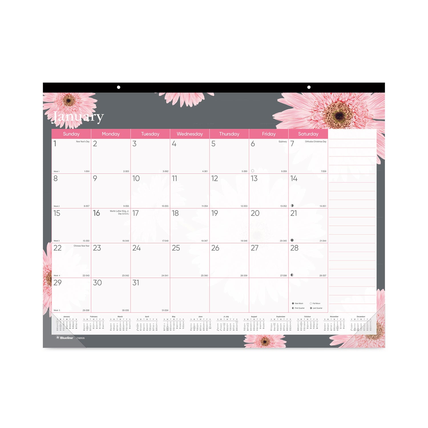 Monthly Desk Pad Calendar, Pink Daisy Artwork, 22 x 17, Pink/White Sheets, Black Binding, 12-Month (Jan to Dec): 2025