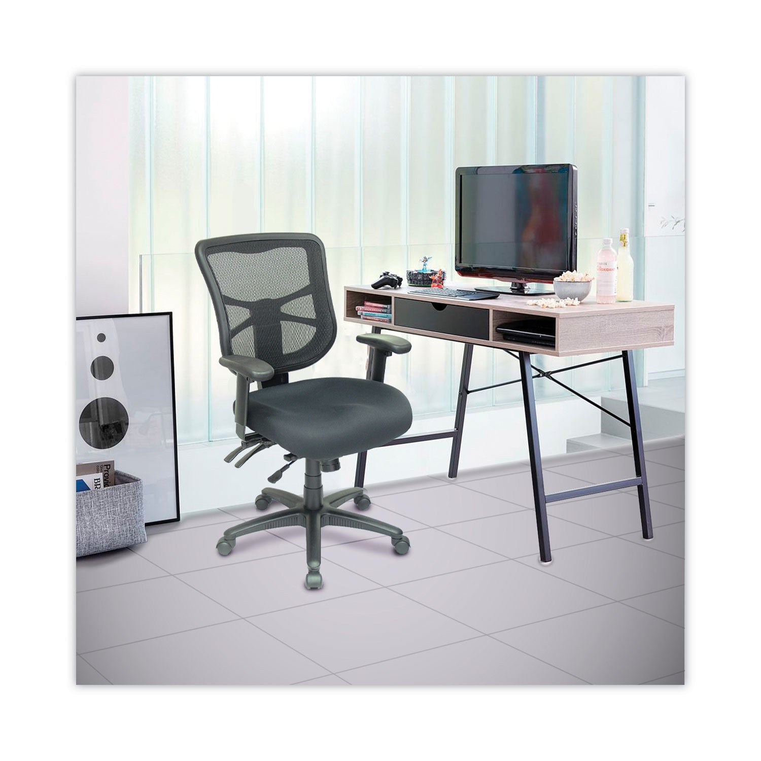 Alera® Alera Elusion Series Mesh Mid-Back Multifunction Chair, Prem Fabric, Supports Up to 275 lb, 17.7" to 21.4" Seat Height, Black