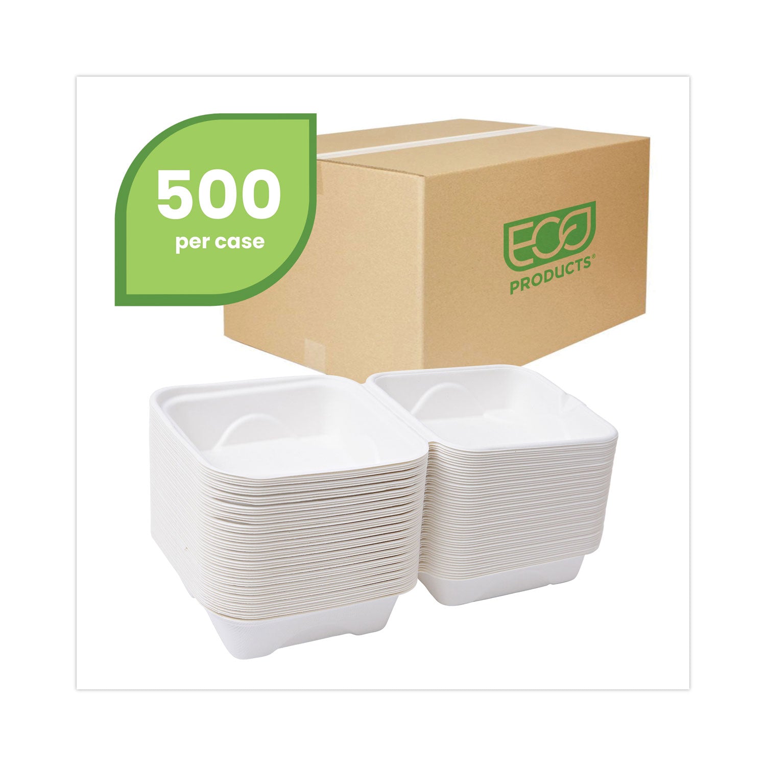 Bagasse Hinged Clamshell Containers, 6 x 6 x 3, White, Sugarcane, 50/Pack, 10 Packs/Carton Eco-Products® Flipcost