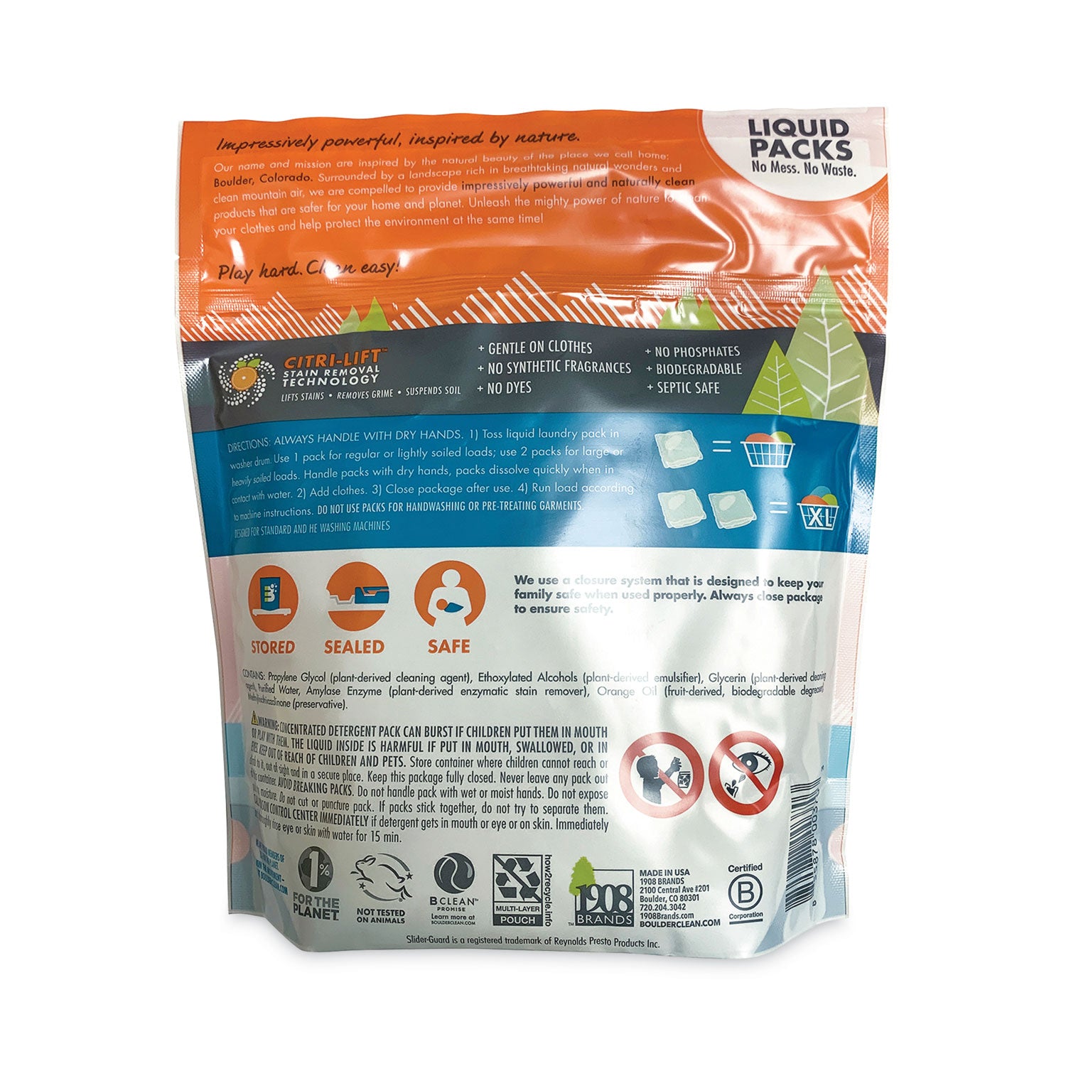 Boulder Clean Laundry Detergent Packs, Valencia Orange, 34/Pouch, 6 Pouches/Carton